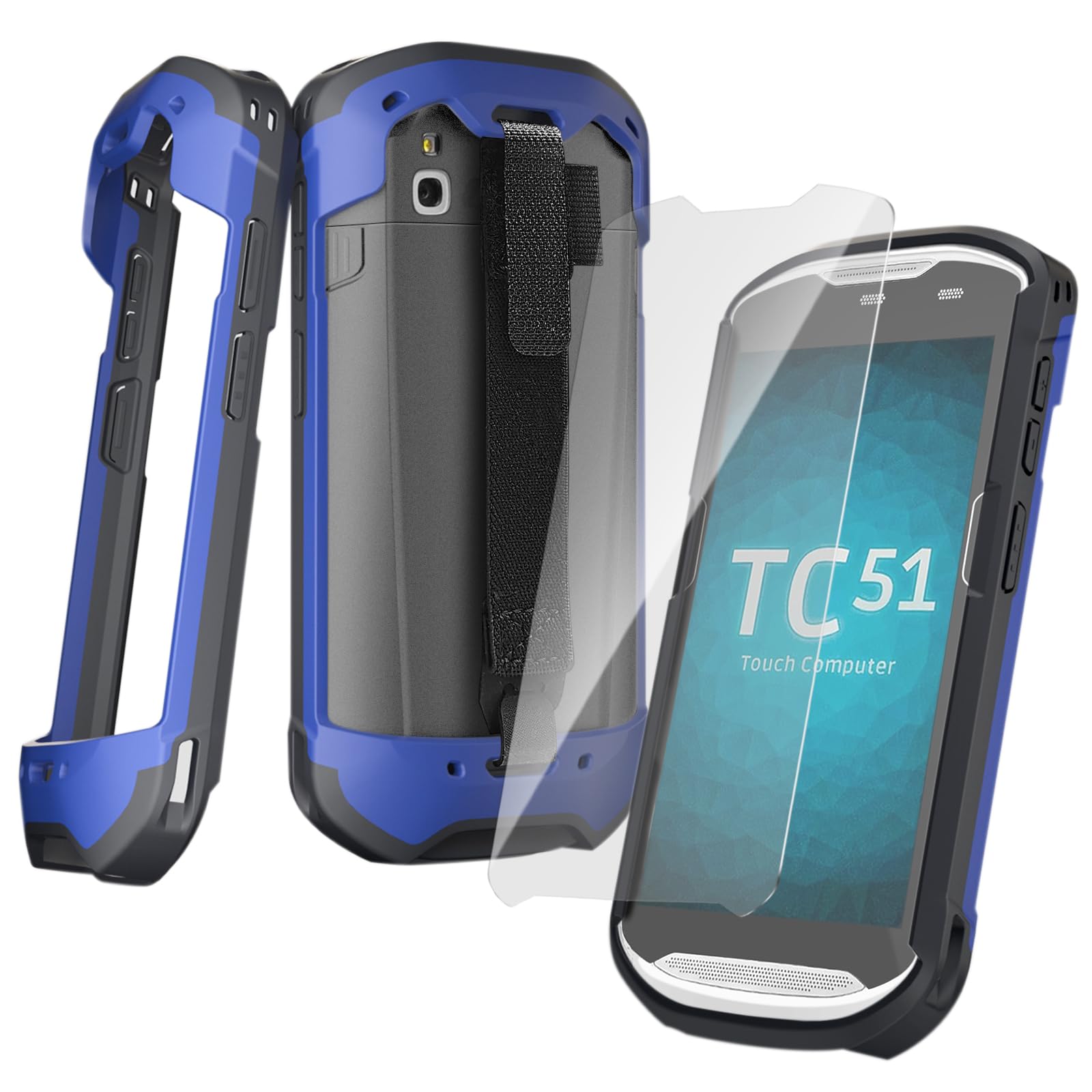 Upgraded Protective Case for Zebra TC51 TC52 TC56 TC57 TC510K Rugged Boot Case Cover for Zebra Scanner TC52x TC57x TC52ax with Hand Strap &amp; Tempered Glass (Blue)