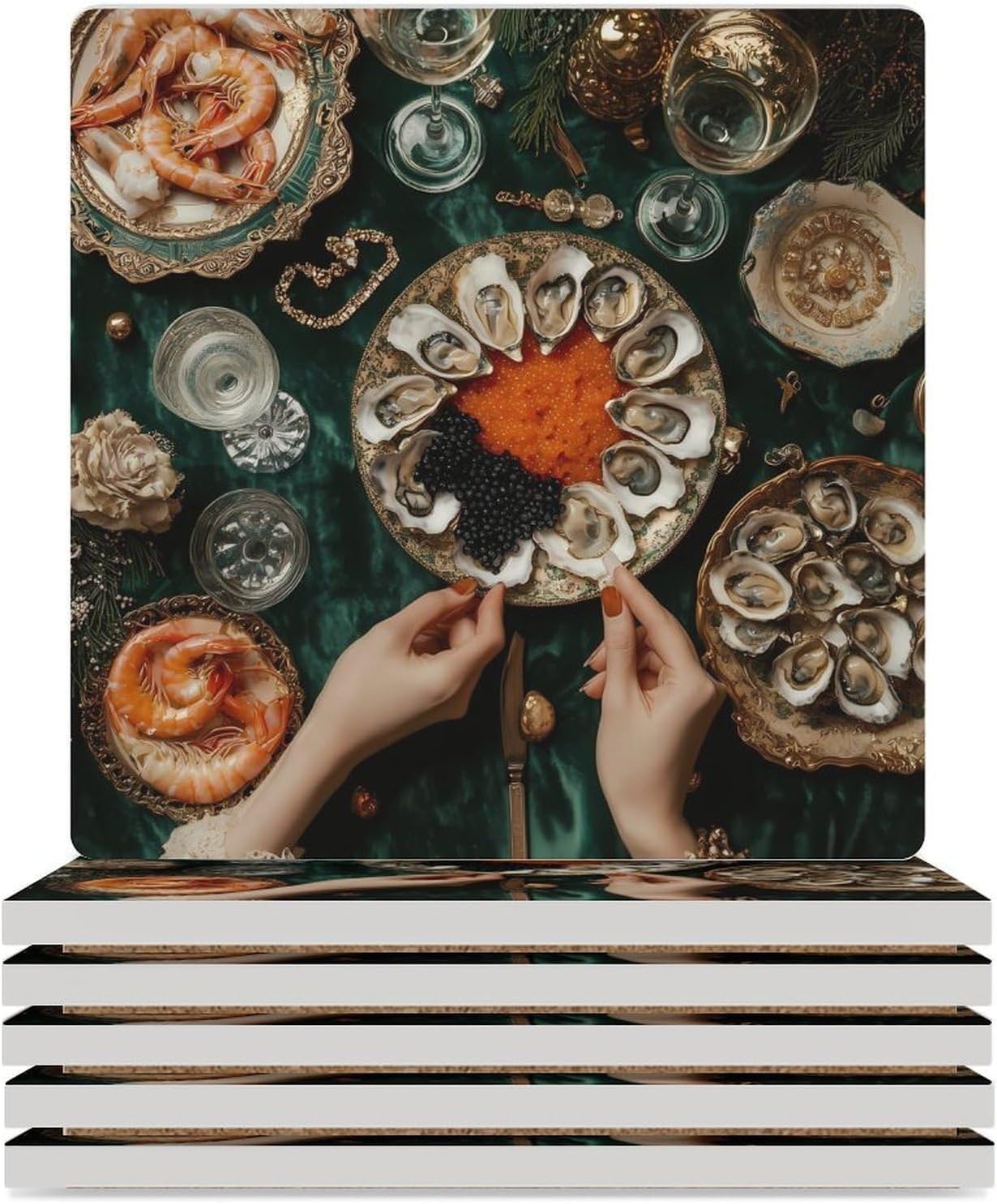 Oysters Seafood Cuisine Ceramic Coasters Set Square Drink Coasters Table Coaster for Kitchen Desktop Decor