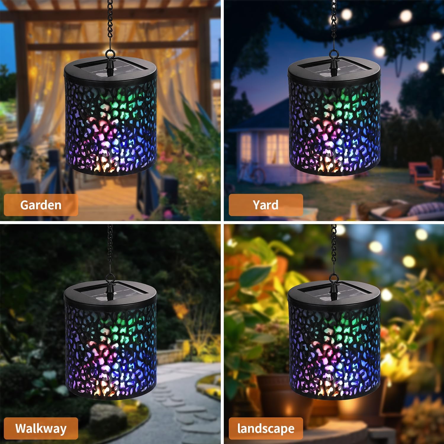 Hanging Solar Lights Outdoor Waterproof: RGB Hanging Lights with S Hooks Decor Iron Art Outdoor Solar Lantern in Garden, Pathway,Yard, Front Door and Landscape (1)