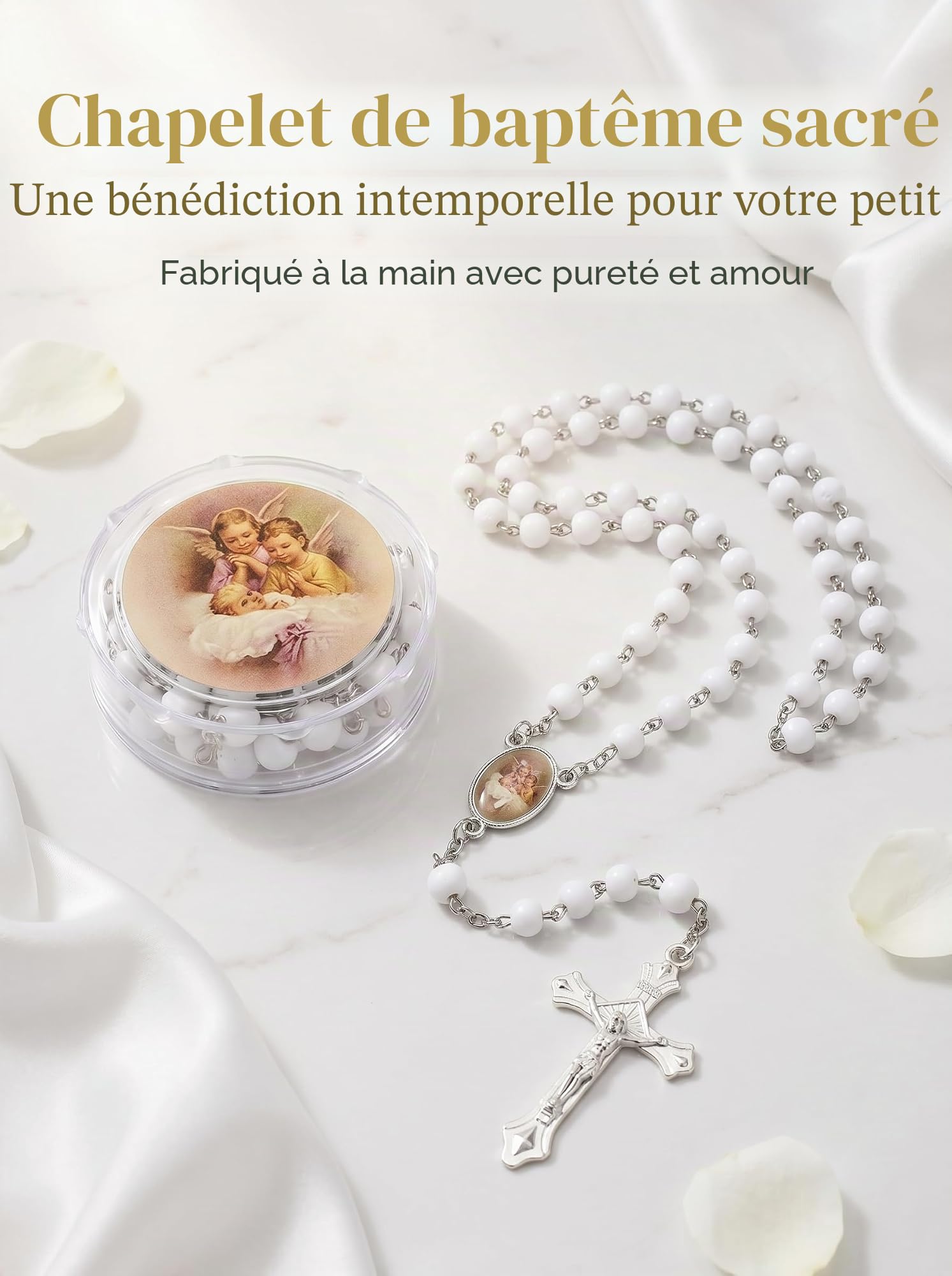 24 Pièces Chapelet Baptême avec Boîte Transparente, Cadeau Baptême Invité Fille et Garçon, Collier Chapelet Catholique avec Parfum de Bois, Décoration de Communion, Mariage