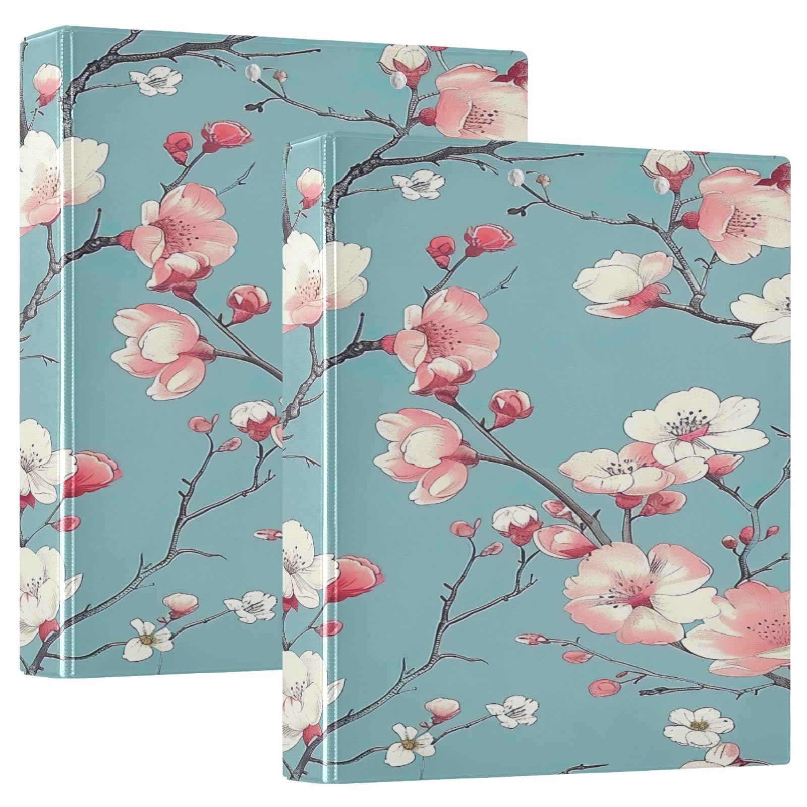 Raccoglitore a 3 anelli, 3,8 cm, motivo fiori di ciliegio, decorativo, con clip in metallo, formato lettera, per casa e ufficio, confezione da 2
