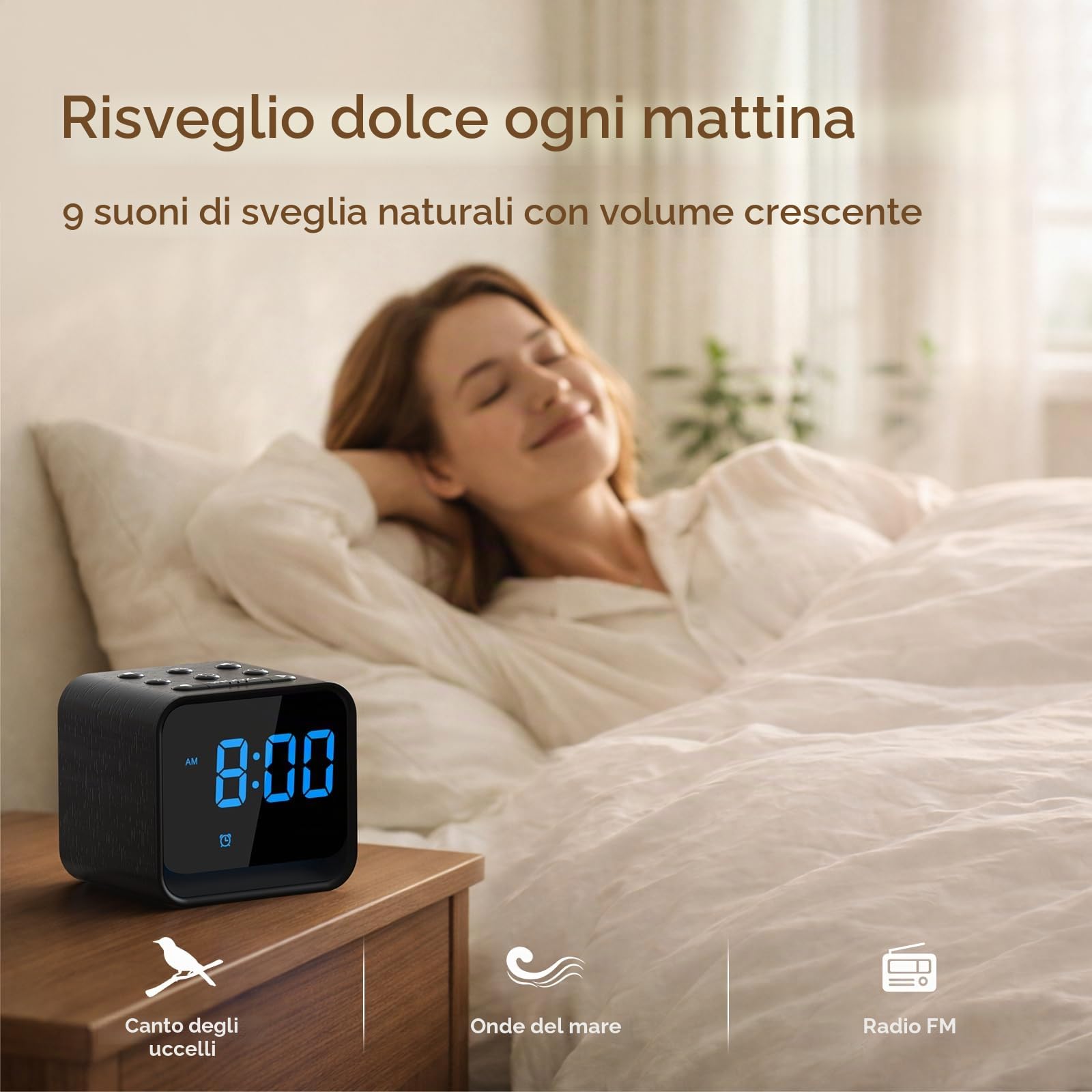 DOUMOSH Radiosveglia con suoni naturali e indicatore LED dimmabile, sveglia digitale notturna con luce e volume in aumento, sveglia radio FM per camera da letto e comodino