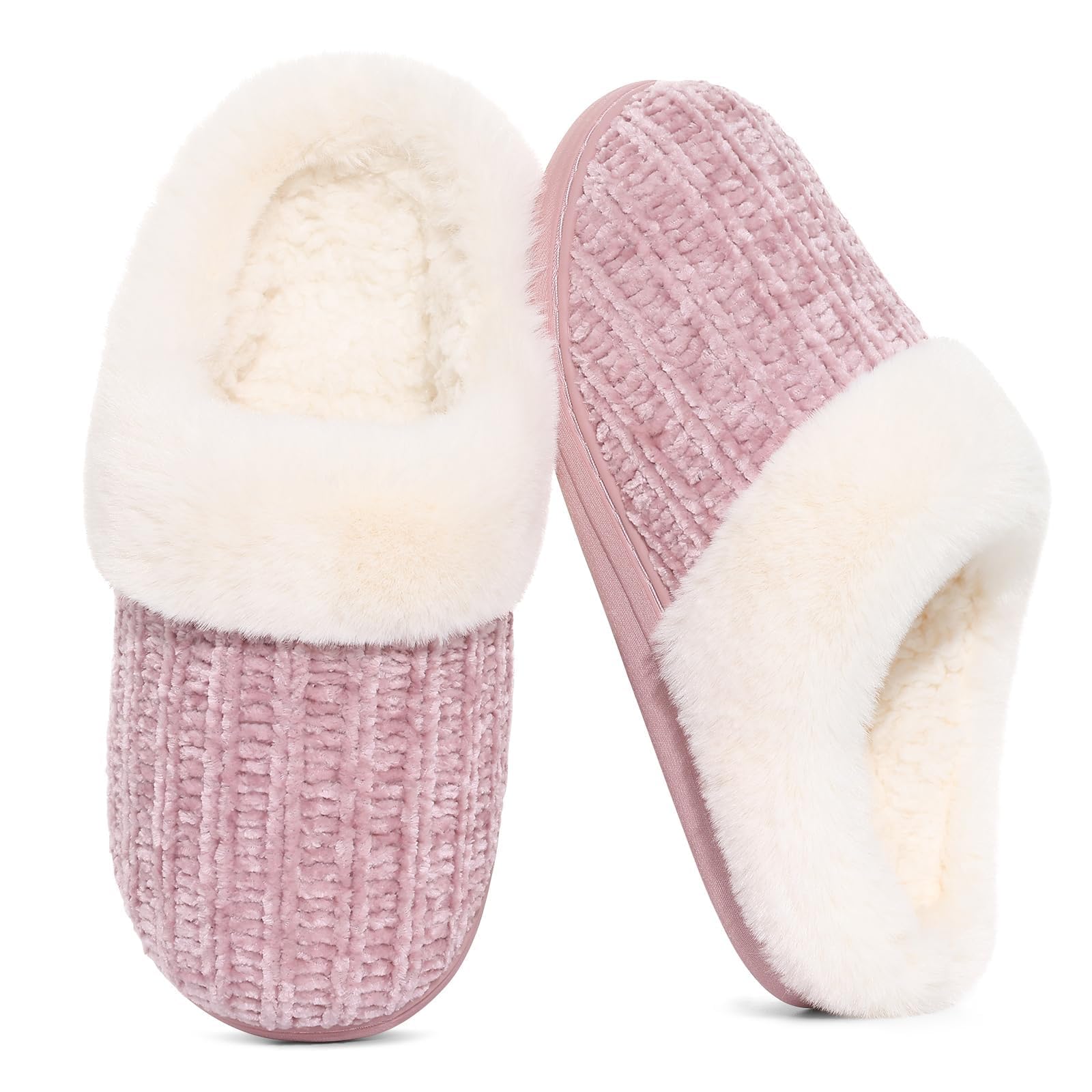 Women's Chenille Knit Fuzzy Slippers Memory Foam Warm House Shoes