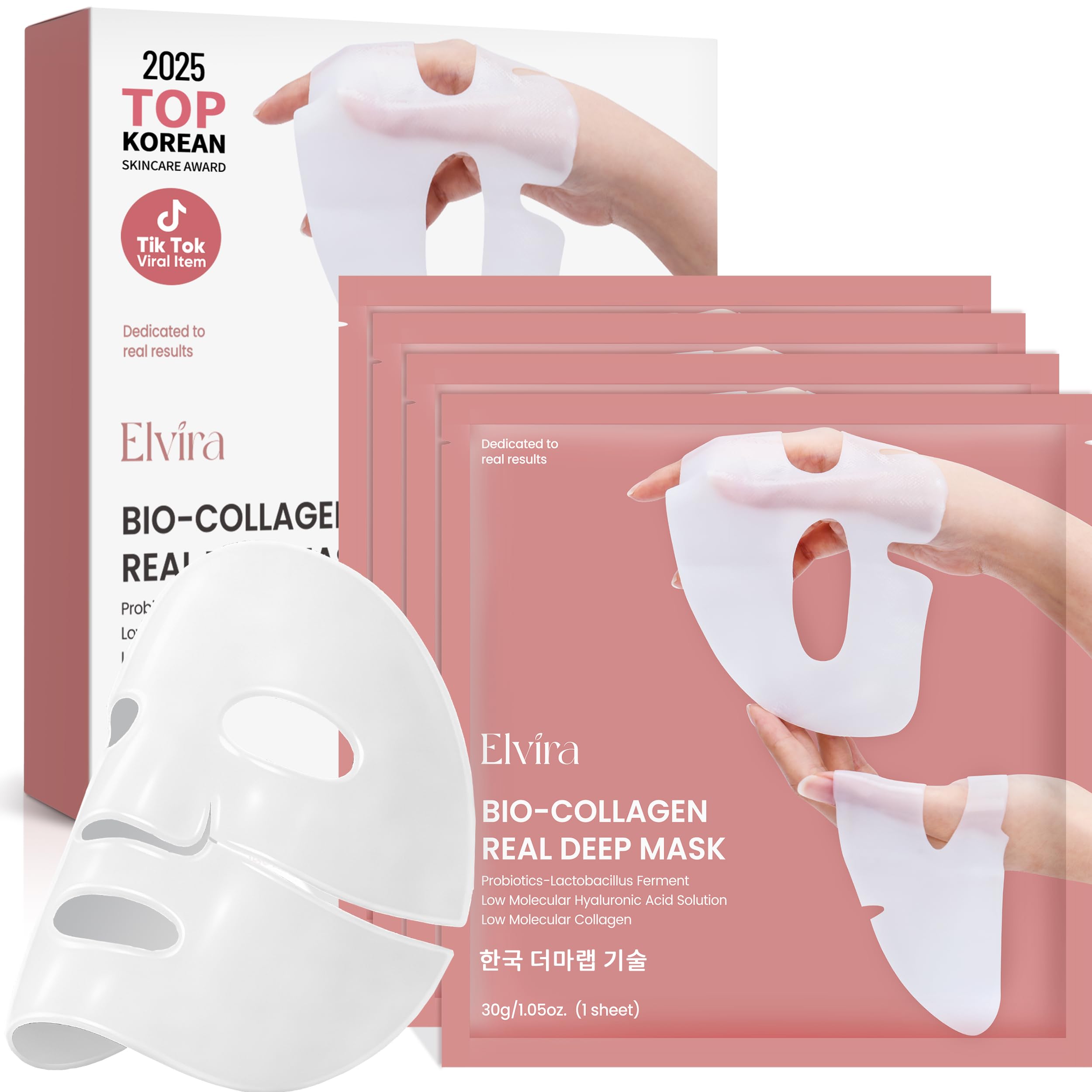 Bio-Collagen Real Deep Mask, Overnight Hydrating Face Mask with Hyaluronic Acid, Korean Skincare Face Mask for Moisturizing and Firming, Face Masks Sheet for All Skin Types, 4 Pack