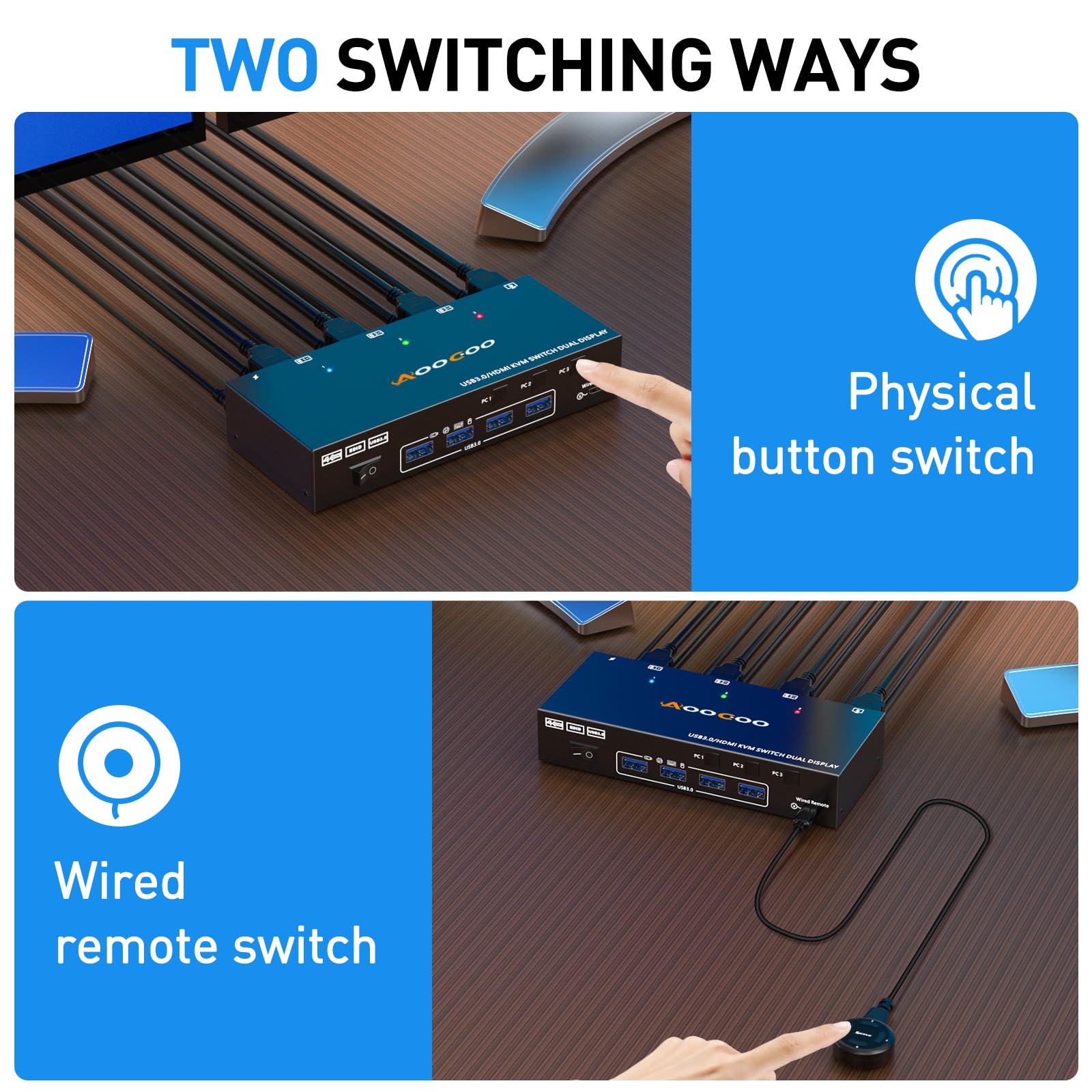 HDMI KVM Switch 3 PC 2 Monitore 4K@60Hz mit EDID Emulator, Dual Monitor KVM Switch 4 USB 3.0 Anschlüssen, inklusive Netzteil kabelgebundener Fernbedienung und Kabeln