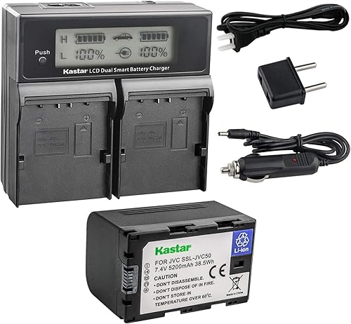 Kastar LCD Dual Smart Fast Charger & Battery (1 paquete) para JVC SSL-JVC50 y JVC GY-HMQ10, GY-LS300, GY-HM200, GY-HM600, GY-HM600E, GY-HM600EC,