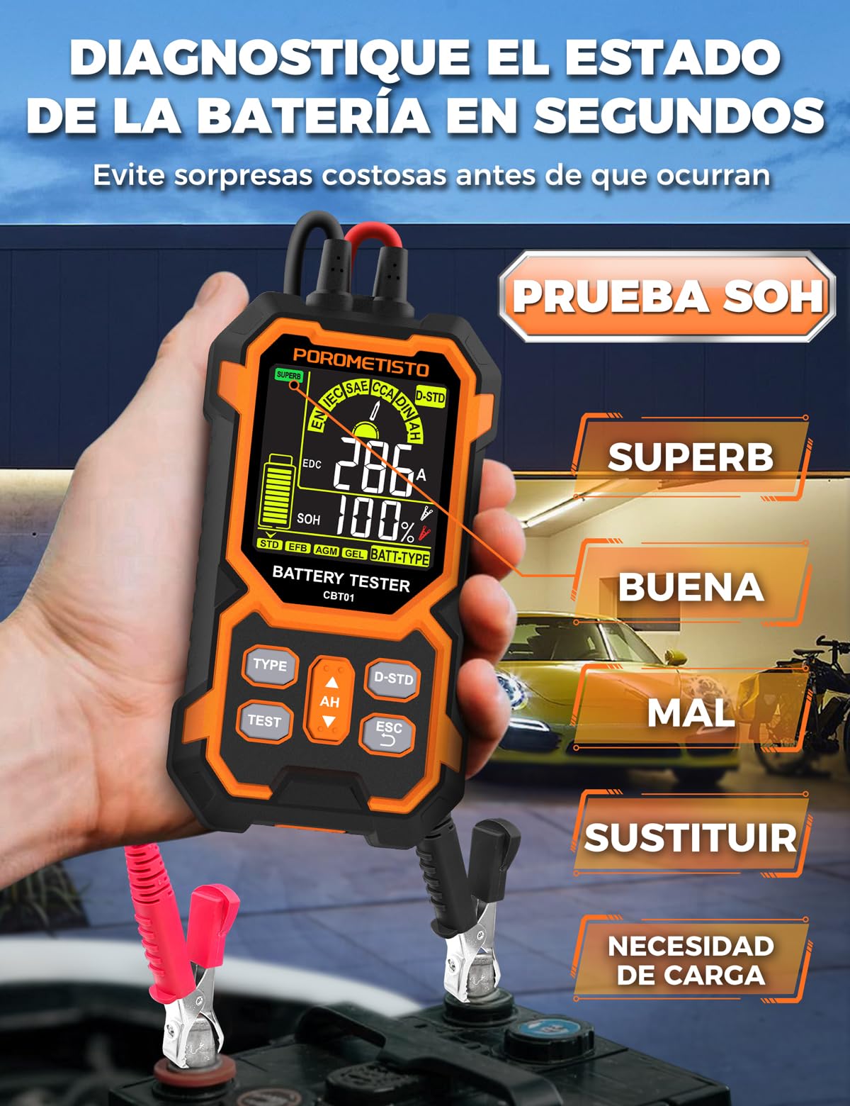 Comprobador De Baterias de Coche POROMETISTO CBT01 | Probador batería 12V/24V 50-1999 CCA. Para autos, motos, 4x4. Mide V, resistencia, CCA, SOC, SOH. Para aficionados y pros