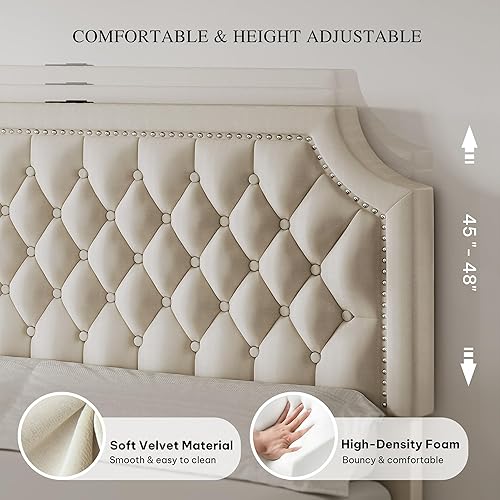 Miniatura 4 de DWVO Base de cama de tamaño matrimonial con cabecera ajustable, 4 cajones de almacenamiento y estación de carga, marco de cama tapizado de