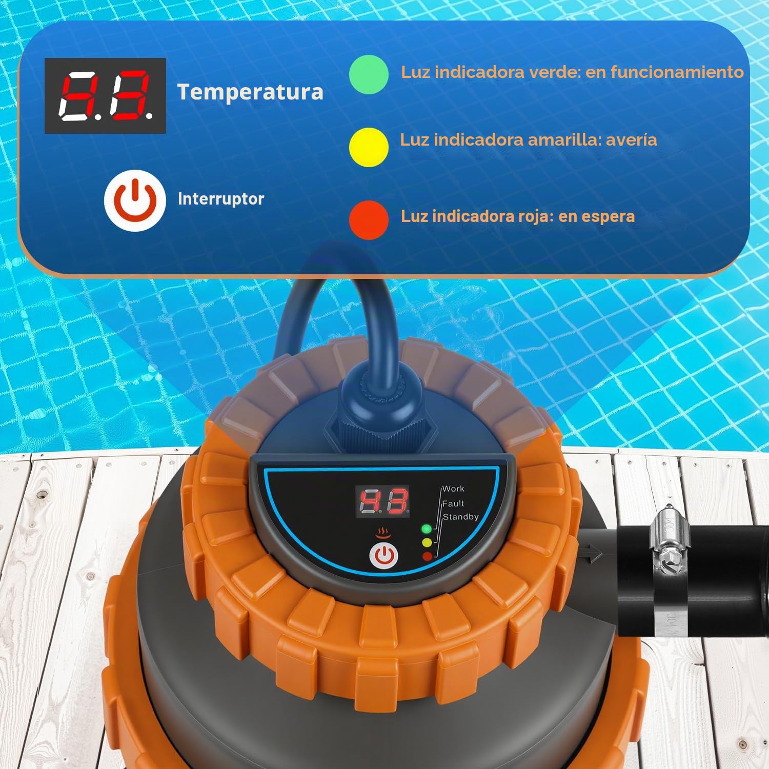 Calentador Eléctrico para Piscina 3KW, Pantalla Digital, 4 Protecciones de Seguridad, Conexión 32-38 mm, Calienta hasta 45 °C, Accesorios Incluidos para Piscinas Elevadas