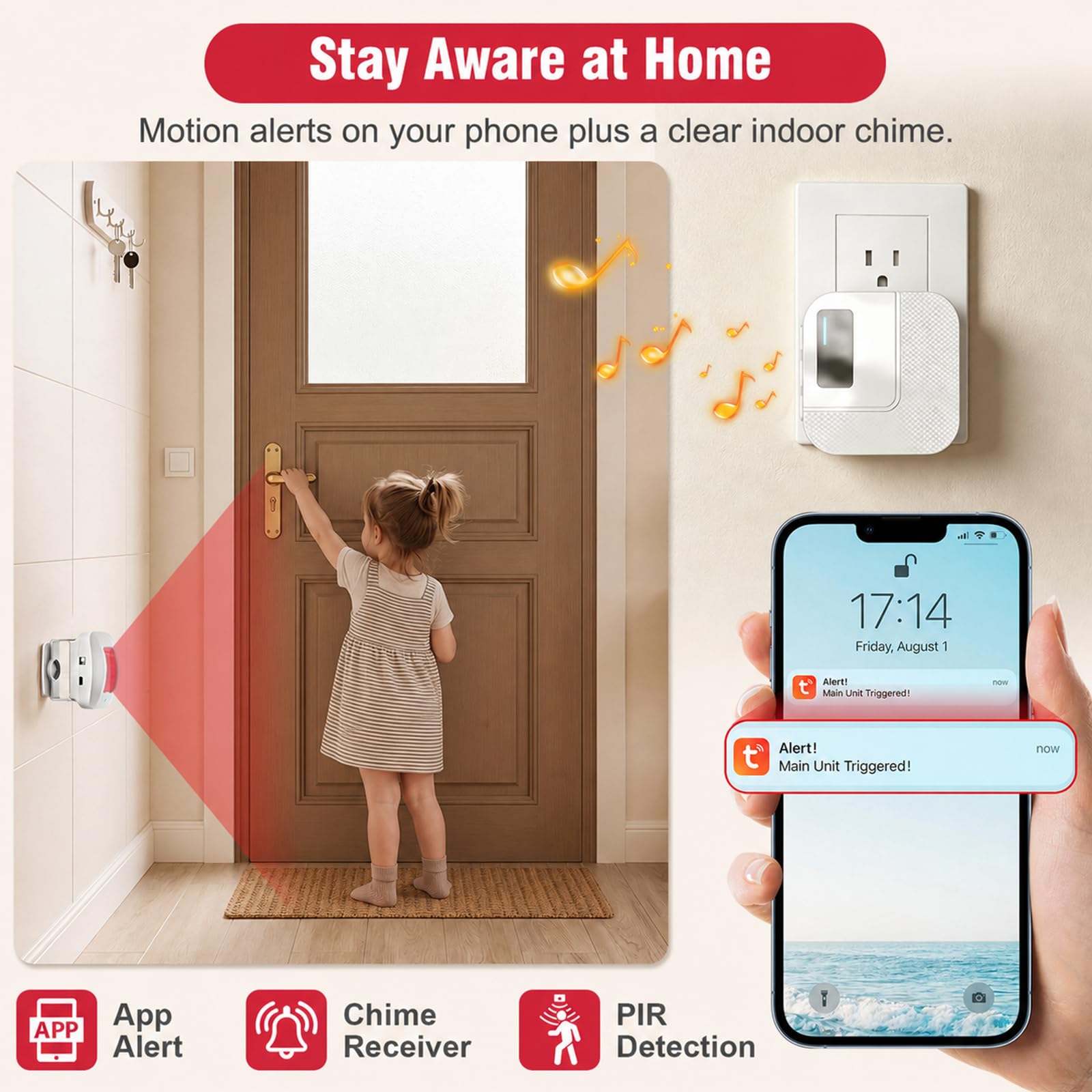 Sanjie Tuya - Allarme con sensore di movimento WiFi, rilevatore di movimento PIR con notifica del telefono, rilevatore di movimento a infrarossi wireless con app di monitoraggio remoto, sensore di