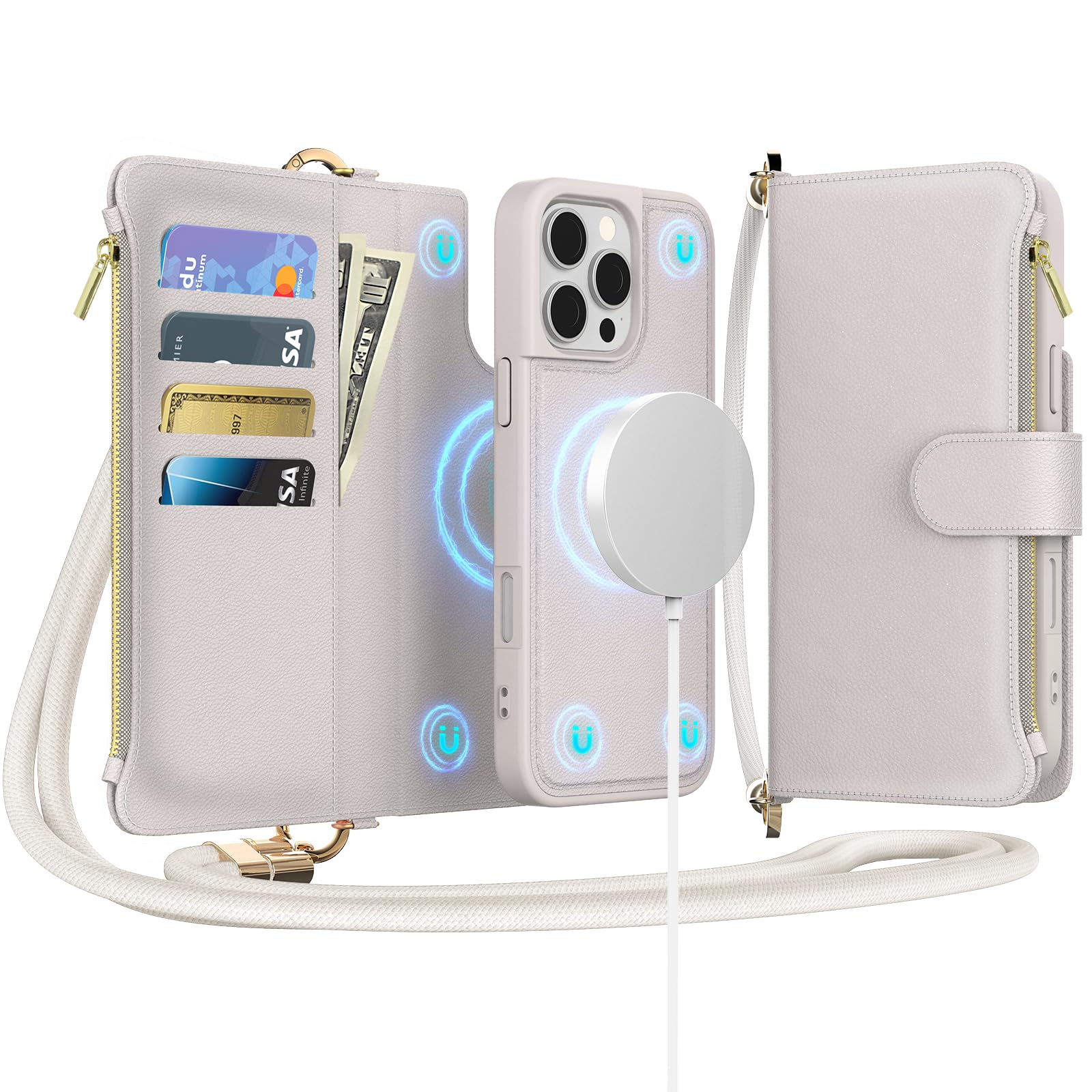 EEIFO for iPhone 16 Pro Max(6.9 inches) Detachable Wallet Case with Crossbody.Multi-Function 2 in 1 Magnetic Wallet Case with Card Holder.Flip Strap