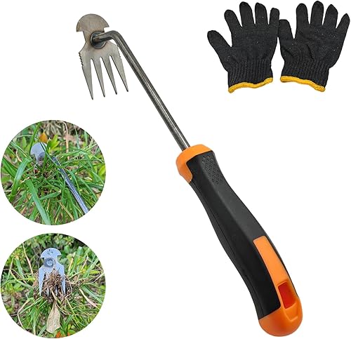 XIAONAN Herramienta de desmalezas, herramienta de extracción de malezas de jardín con mango, herramienta manual de desbrozadora manual de 4 dientes,