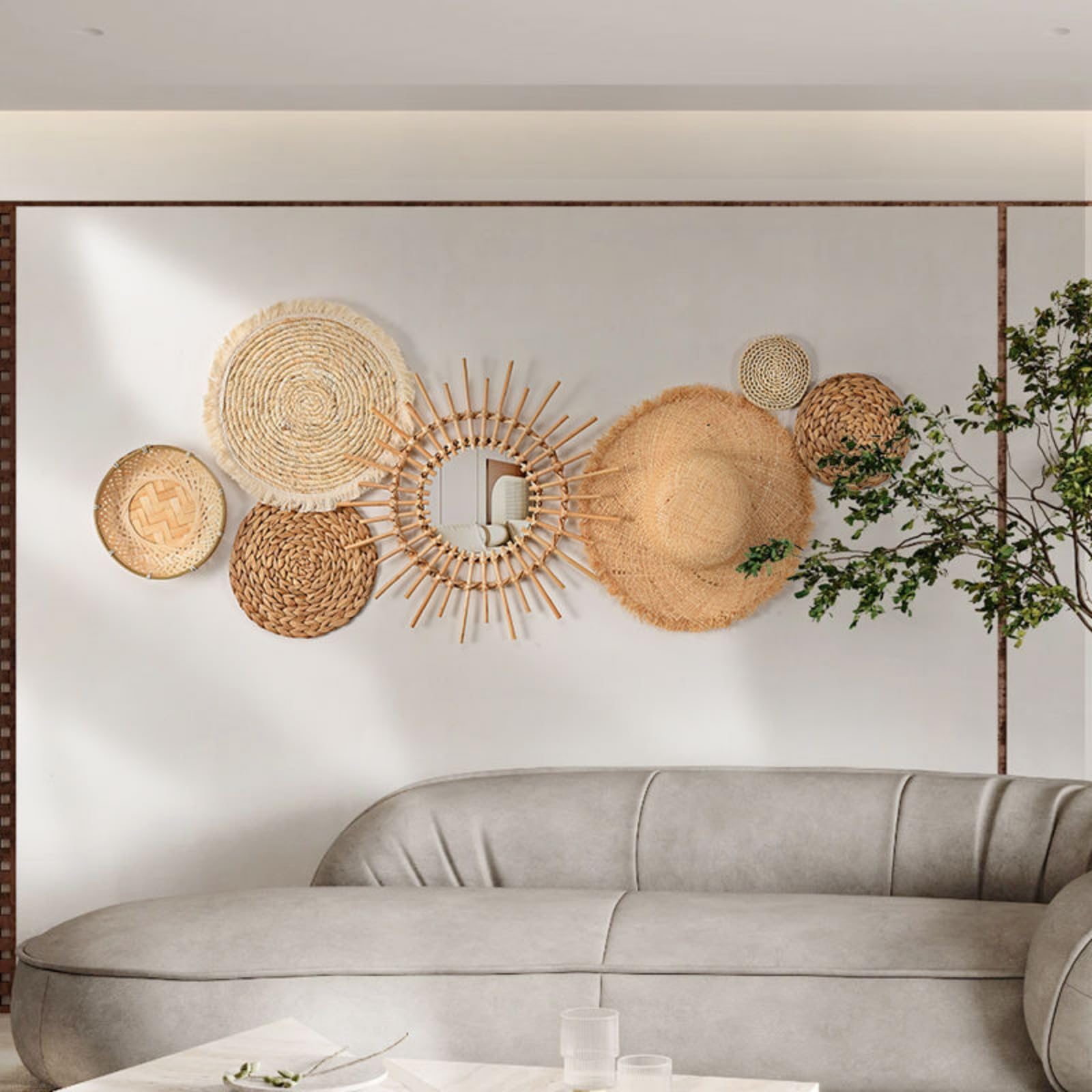 AQCQDQ Wandkorb Dekoration, Boho Dekor, Schlafzimmer Wanddekoration, Hängende Rattan Geflechtkörbe, Rustikale Wandkunst Dekoration (Kombination1-7 teiliges)