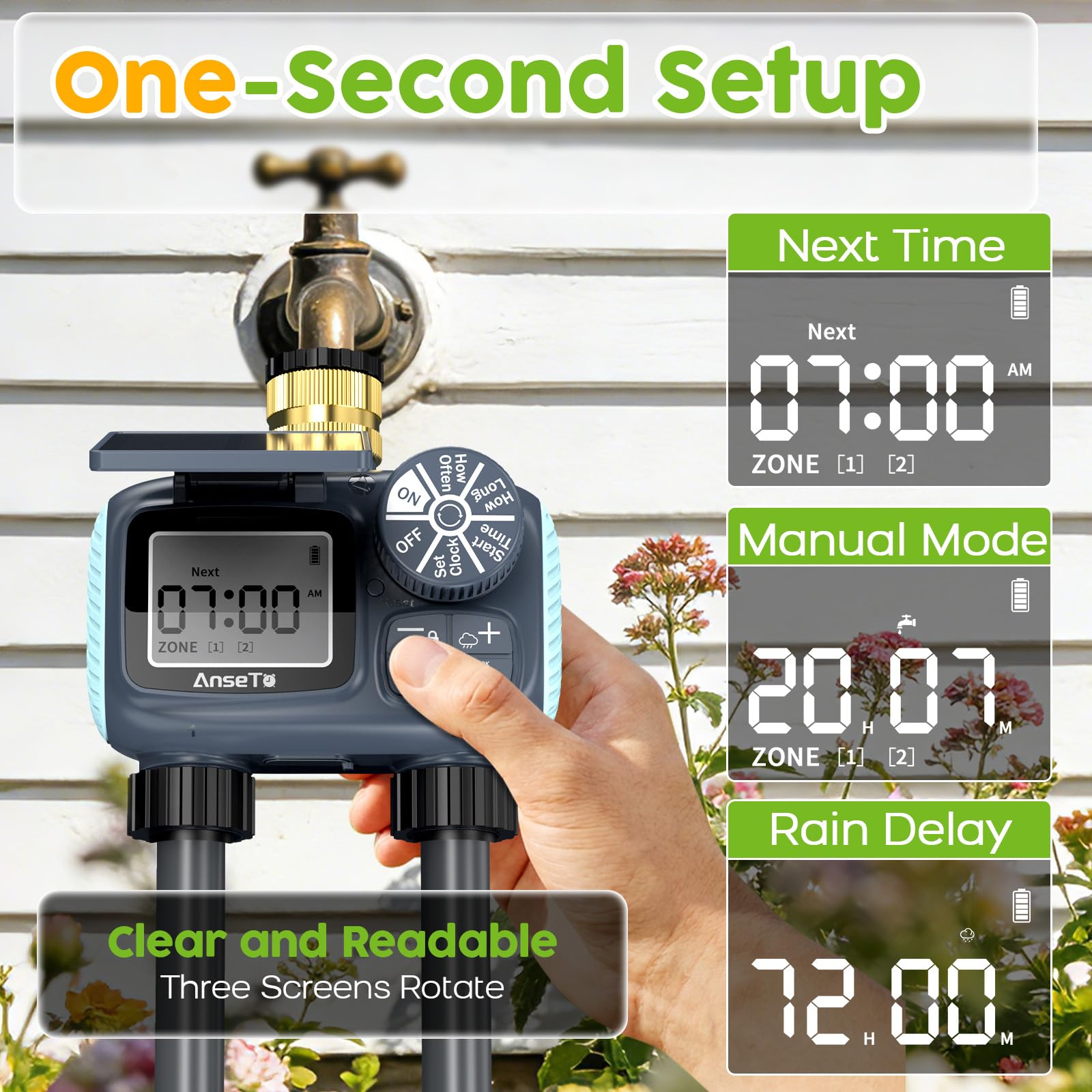 Programador de Riego Solar con 2 Salidas,Sistema de Riego Inteligente Ajustable con Carga Solar y Tipo C,Ecológico y de Bajo Consumo para Jardín,Césped y Huerto