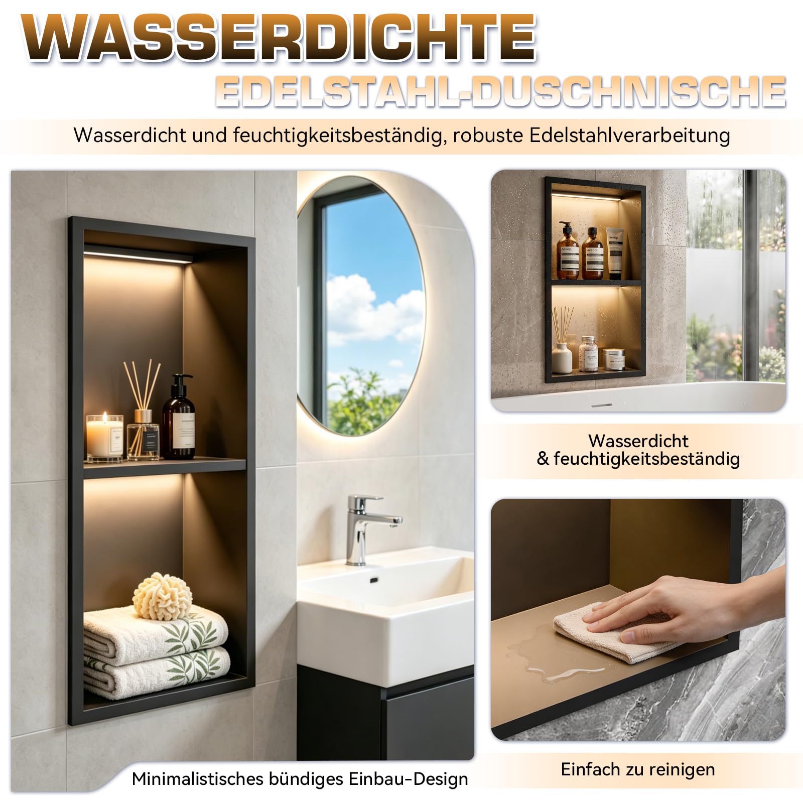 Doccia da parete, 60 x 30 cm, in acciaio inox 304, con illuminazione a LED e trasformatore, doppio strato, mensola singola per bagno e decorazione