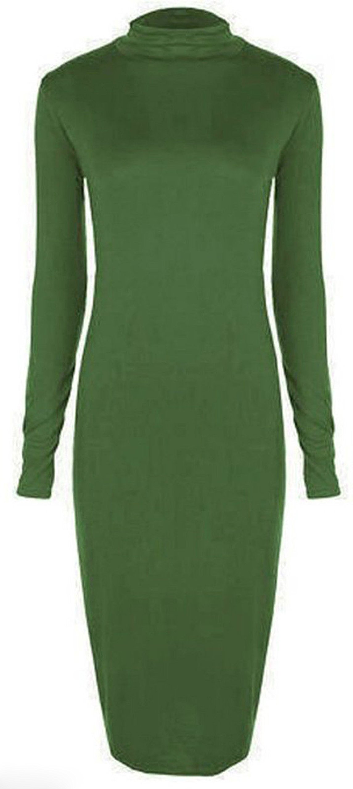 GirlzWalk ® Women Plain Polo Neck Long Sleeve Bodycon Midi Dress Khaki