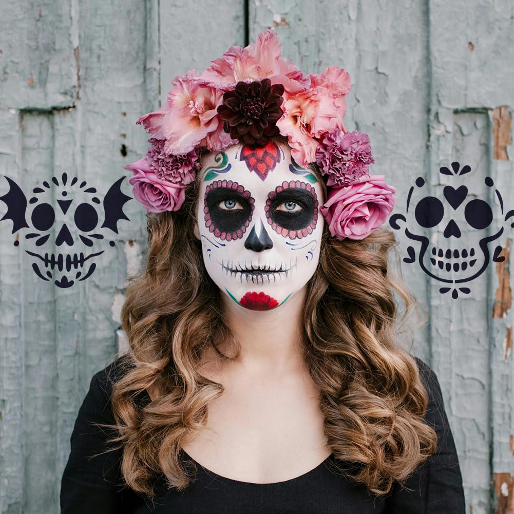 Plantillas Dibujo Calavera Azúcar Halloween - 6 Diseños, Plástico PET, Reutilizables Para Pared Y Suelo
