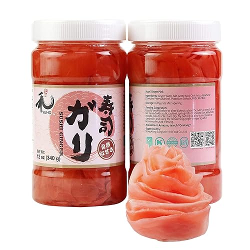 YUHO Jengibre de Sushi en Escabeche, Jengibre Gari Rosa Japonés para Sushi Sin Grasa, Sin Azúcar, Kosher, BRC, Sin MSG, Bajo en Calorías – 2 Frascos