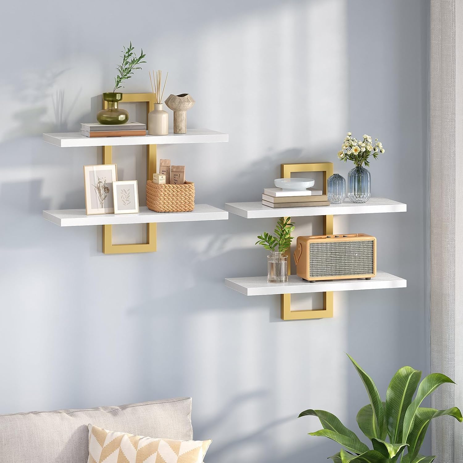 Floating Shelves, 15 Inch Wall Shelf Set of 2, Wall Mounted Storage Shelves 2-Tier, Hanging Bathroom Shelves, for Living Room, Bedroom, Bathroom, Kitchen (White Gold)-image-32