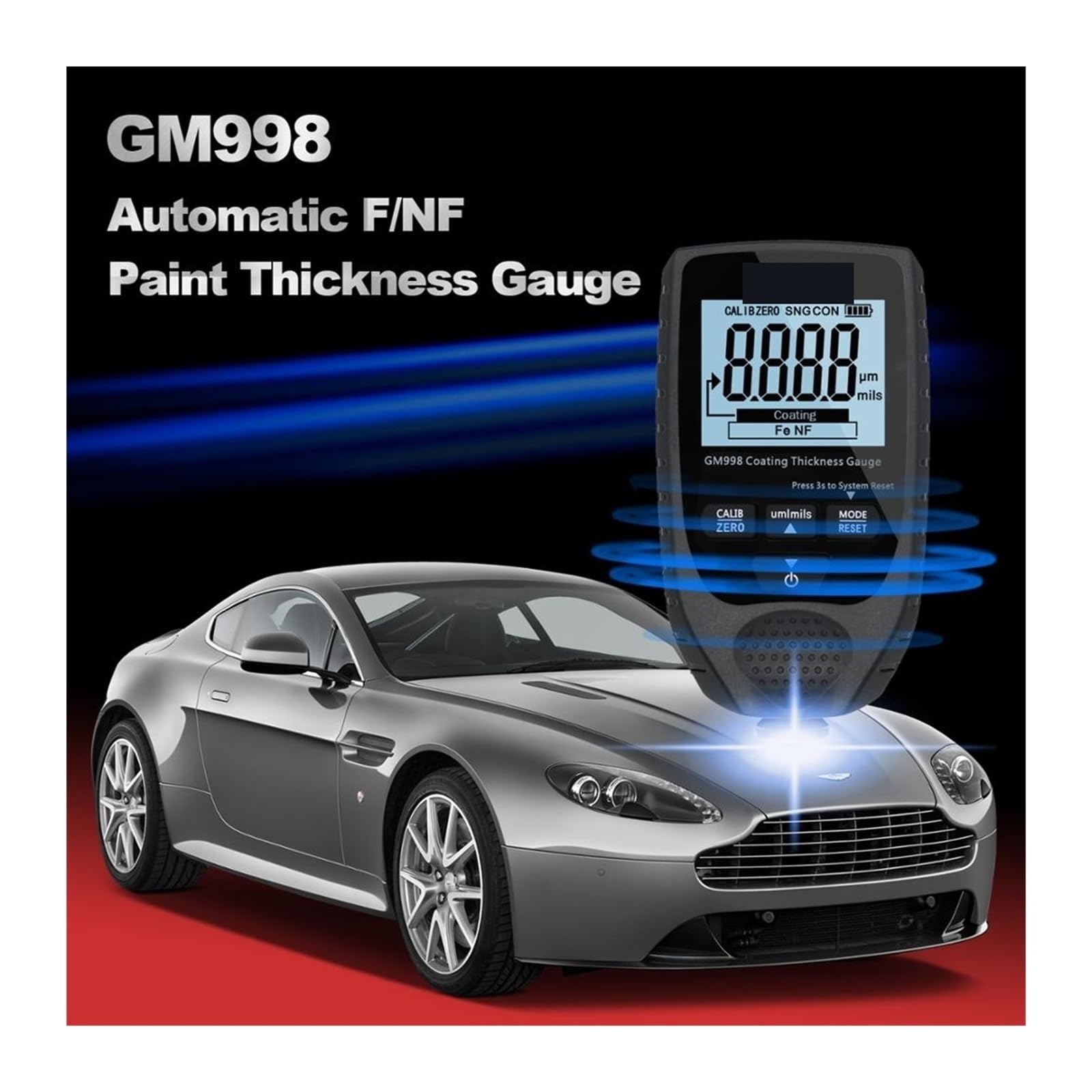 GM998 Miernik grubości folii podświetlanej Tester lakieru samochodowego Miernik grubości powłoki Przenośny miernik grubości lakieru(Red)
