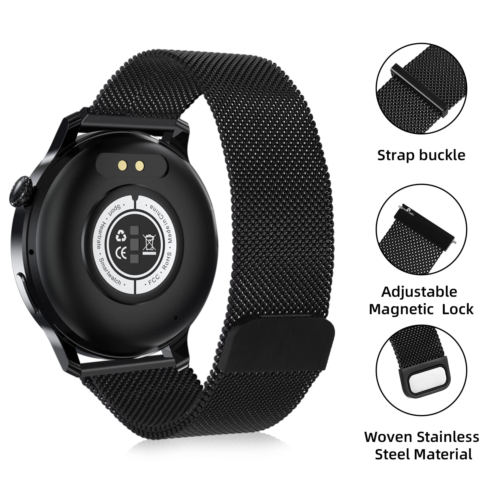 Goodatech Stainless Steel Watch Band, Replacement Metal Mesh Band, Quick Release Watch Strap Metal Bolt, Smart Watch Wristbands for Men Women [22mm, Black]