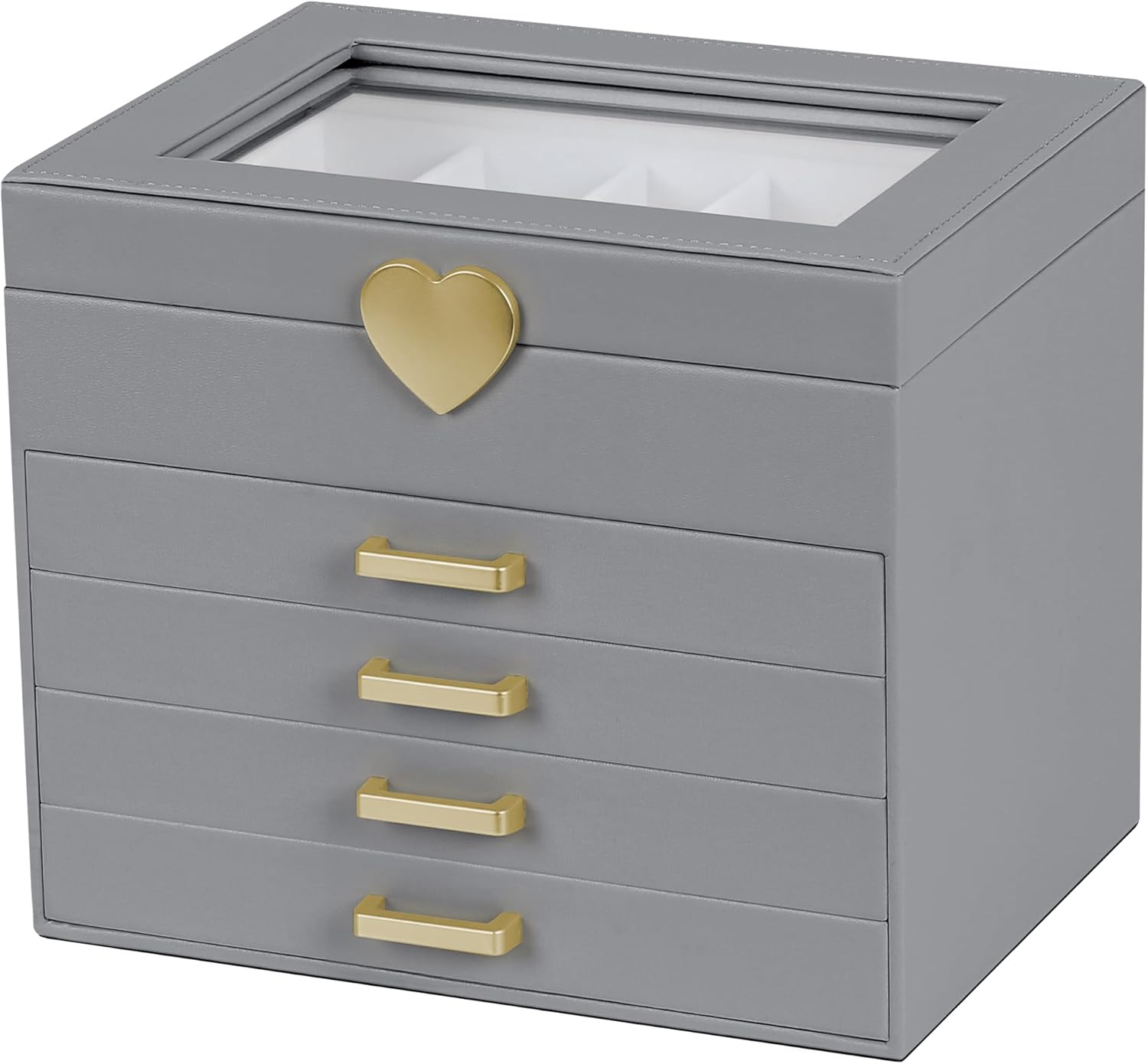 Kendal Jewelry Box, 5-Layer Jewelry Organizer Box with Glass Lid, Brass Gold and White, Heart Shaped PU Leather, Storage Box for Necklace Earrings Rings Bracelets, Gift Idea for Girls LJC4DRWH