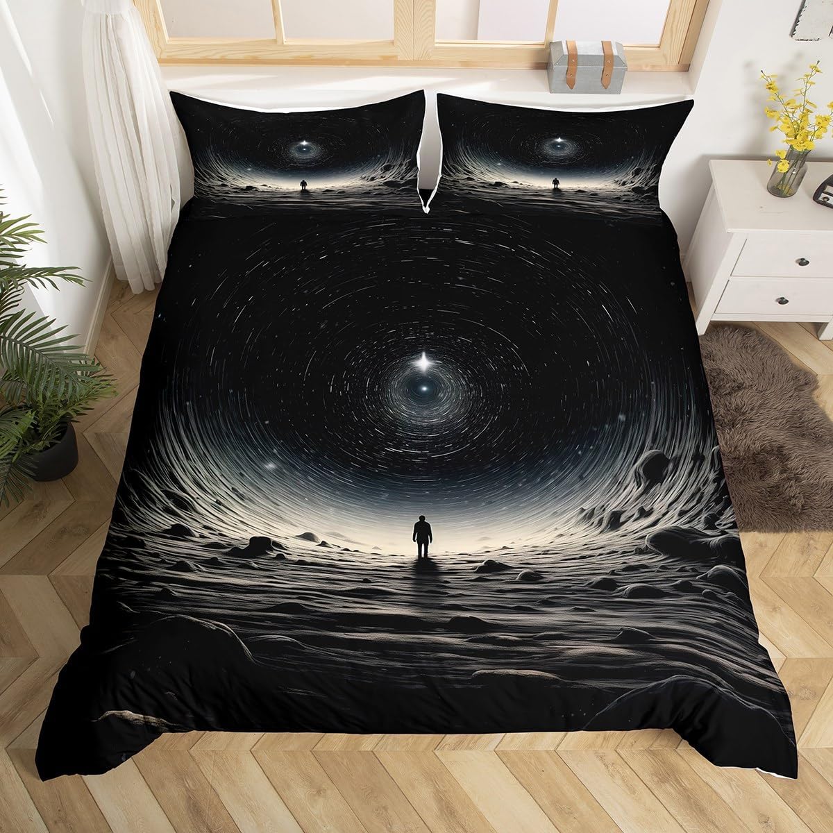 Mystic Universe Duvet Cover,Outer Space Planet Surface Exotic Print King Size Duvet Cover for Kids Adults,Starry Glitter Geometric Soft Comforter Cover(No Filler) with Zipper Closure