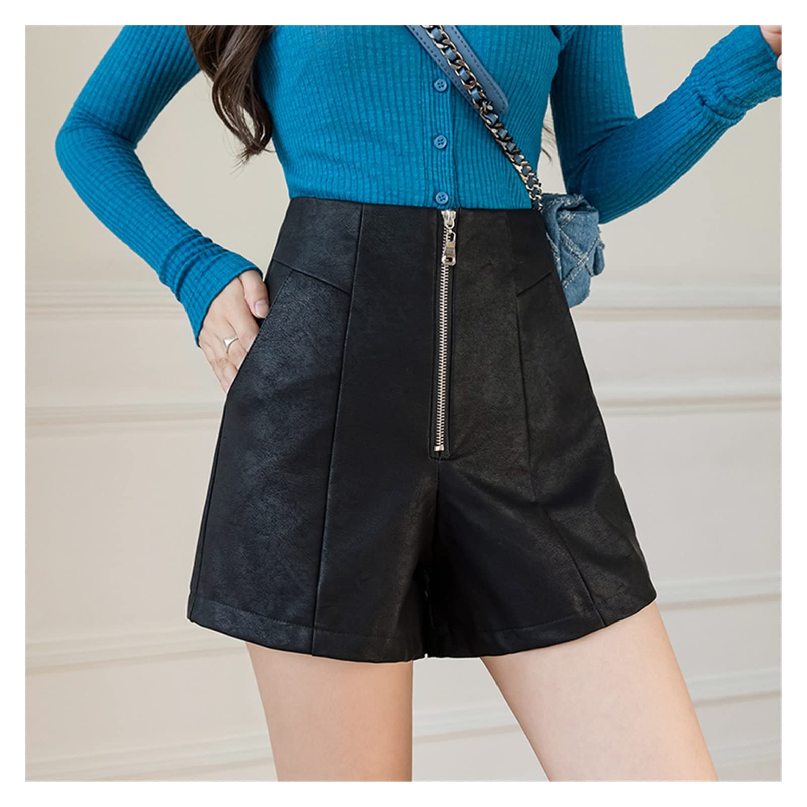 Short de jambe simili cuir haut de gamme à taille haute ajustée