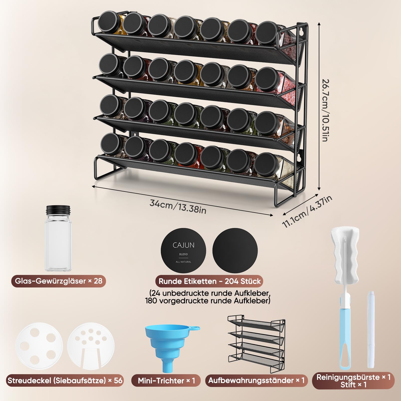 Set portaspezie con barattoli, 4 ripiani, 28 pezzi, in metallo nero, organizer da cucina con 420 etichette per spezie, imbuto e spazzola, sistema salvaspazio per spezie ed erbe