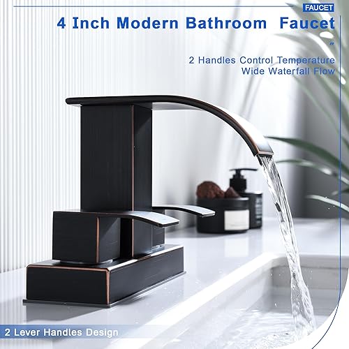 Miniatura 5 de Grifo de cascada de bronce aceitado con tapón de drenaje desplegable y líneas de suministro, grifo de tocador de baño de 4 pulgadas, 2 asas, 2 o 3