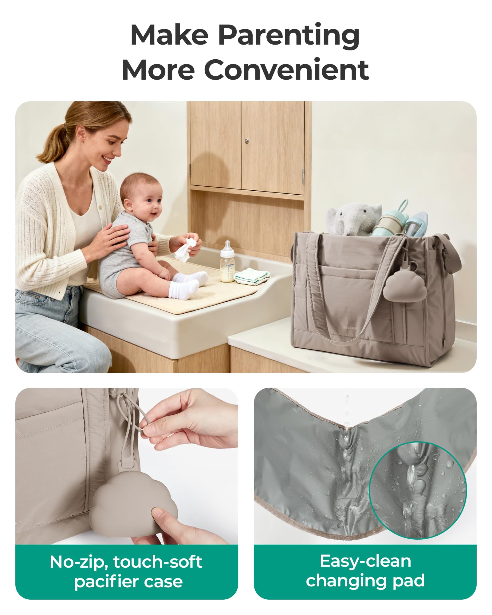 bagsmart Puffer - Borsa fasciatoio (stile Tote-Bag), per la nascita e il parto, con borsa per ciuccio, leggera, per viaggi e lavoro, multifunzione, scomparti isolati, impermeabile
