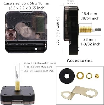 Youngtown High Torque 1-3/32 Long Shaft Clock Movement Kit 12 Black Hands