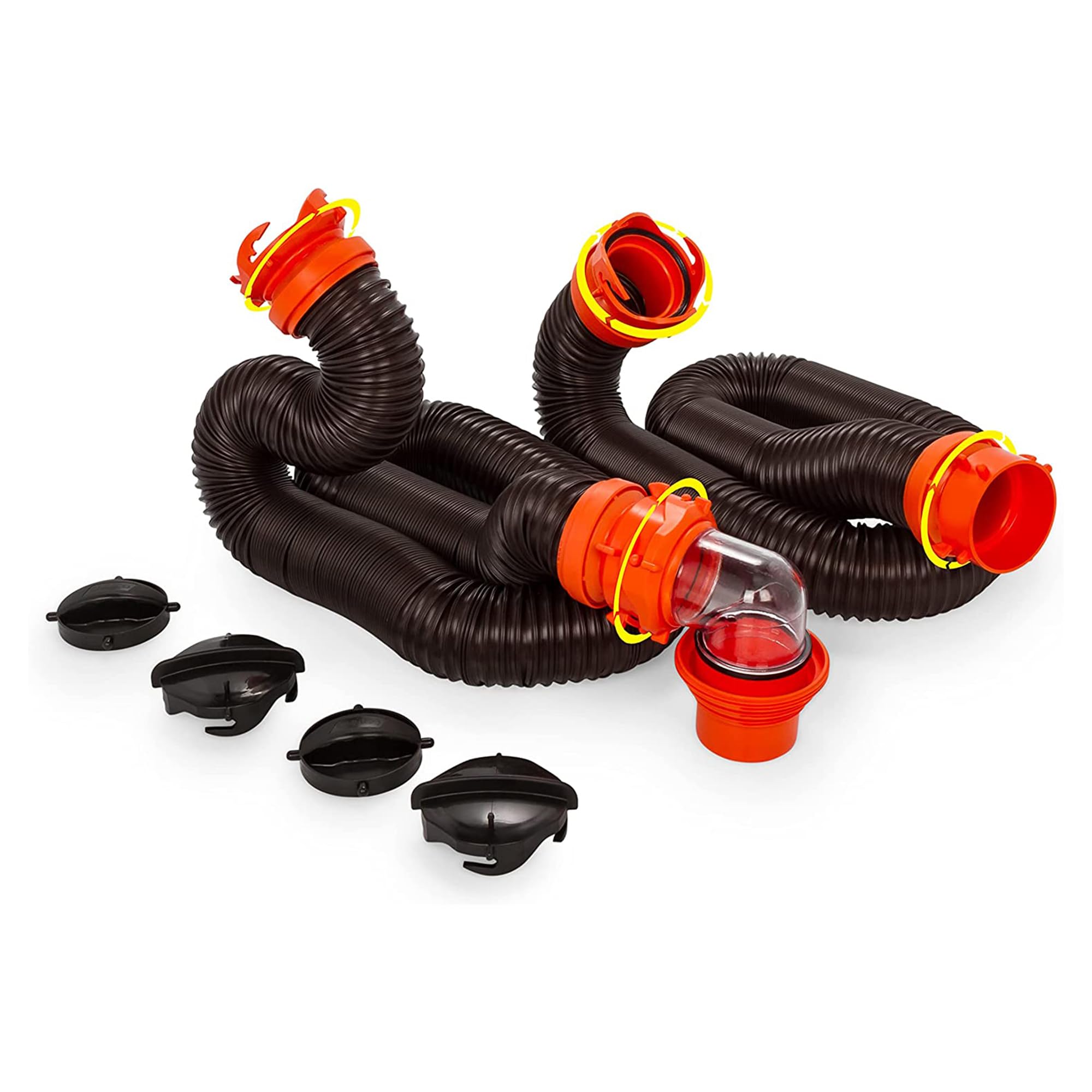 Camco RhinoFLEX 20-Ft RV Sewer Hose Kit - Features Clear Elbow Fitting w/Removable 4-in-1 Adapter - Connects to 3” Slip or 3”/3.5”/4” NPT Threaded Sewer Connection (39742)