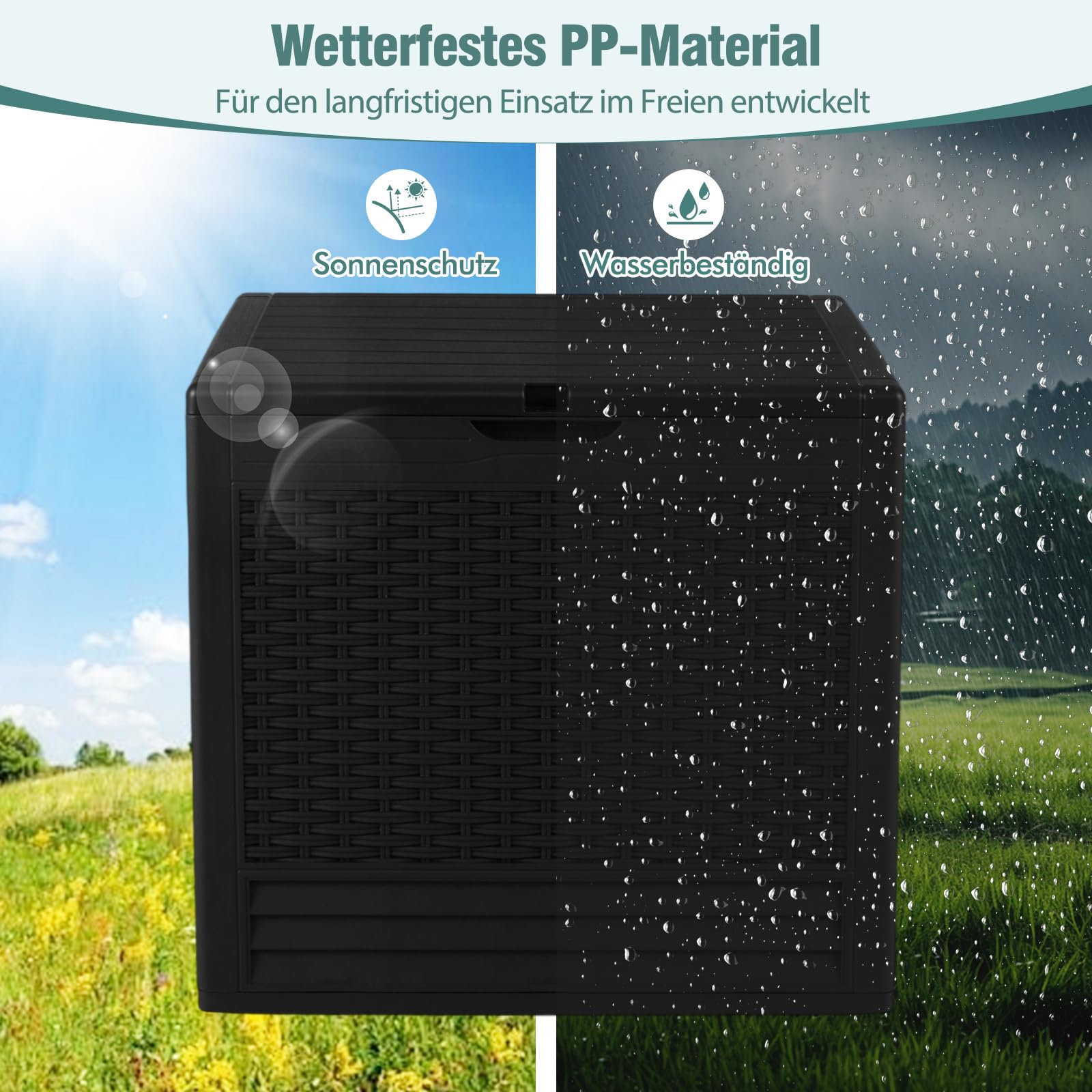 COSTWAY Gartenbox 96 L, Auflagenbox mit abschließbarem Deckel & Rattanoptik, wetterfeste Aufbewahrungsbox Kissenbox für Poolzubehör, Gartengeräte, Paketzustellung, Terrassenkissen (Schwarz)