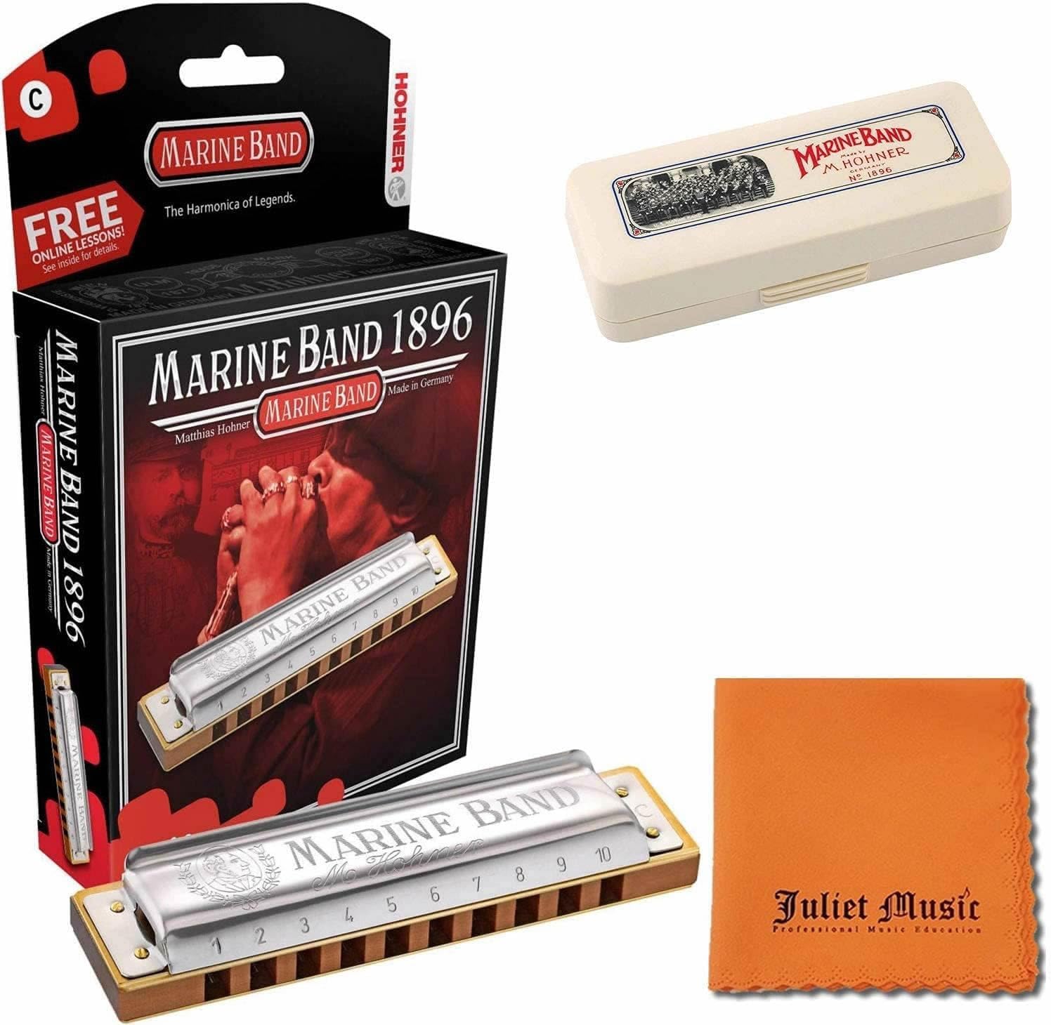Hohner Harmonica Marine Band Key C 1896BXC 10 Holes, Bundle with Hard Case, Mini Harmonica Necklace Juliet Music Polishing Cloth