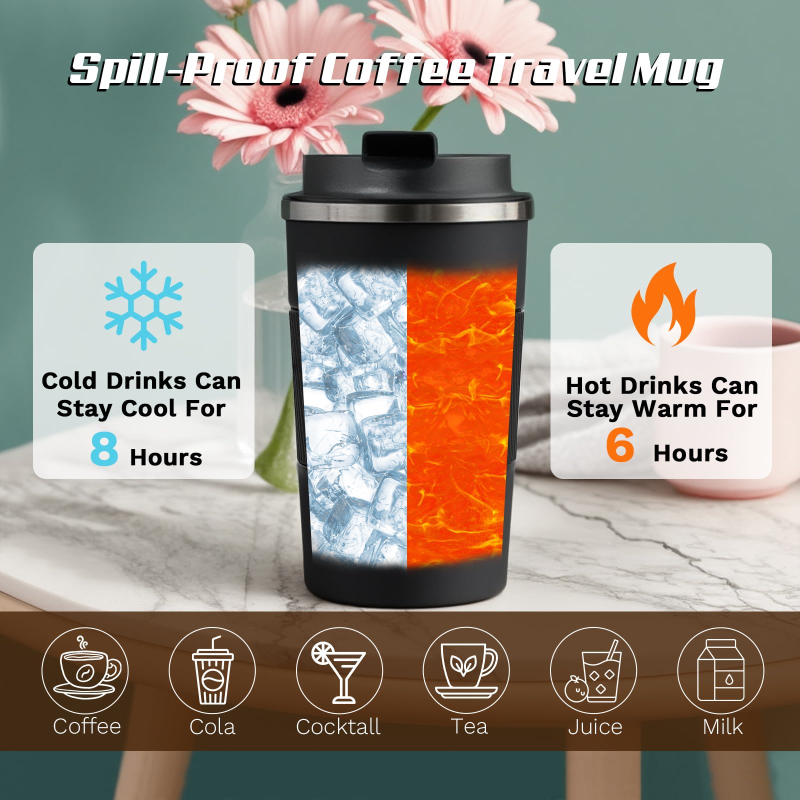 Insulated Coffee Cup with lid,Travel Coffee Mug Leak Proof,Reusable Stainless Steel Vacuum Thermos Coffee tumblers,Thermal Insulation Cups for Men and Women hot and Cold Drinks (3rd-Black - Image 3