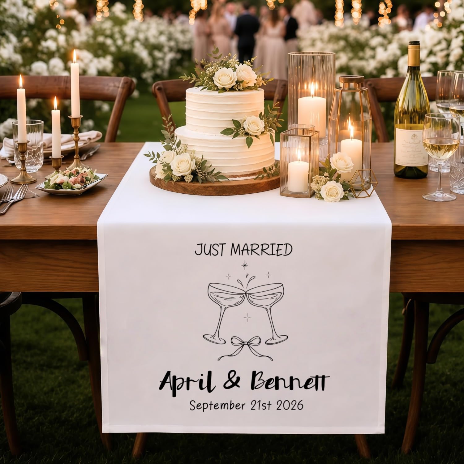 Custom Name & Date Linen Table Runner, Personalized Cotton Fabric Wedding Sweetheart Table Sign, Chic Dinner Reception Venue Wall Hanging Banner Decor