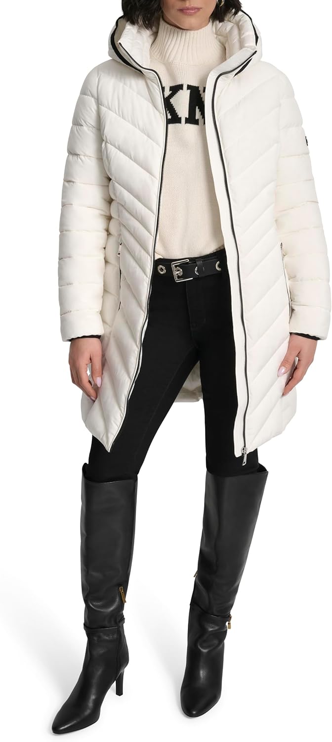 DKNY Women's Long Lightweight Hooded Puffer Jacket – Insulated Casual Outerwear - Image 6
