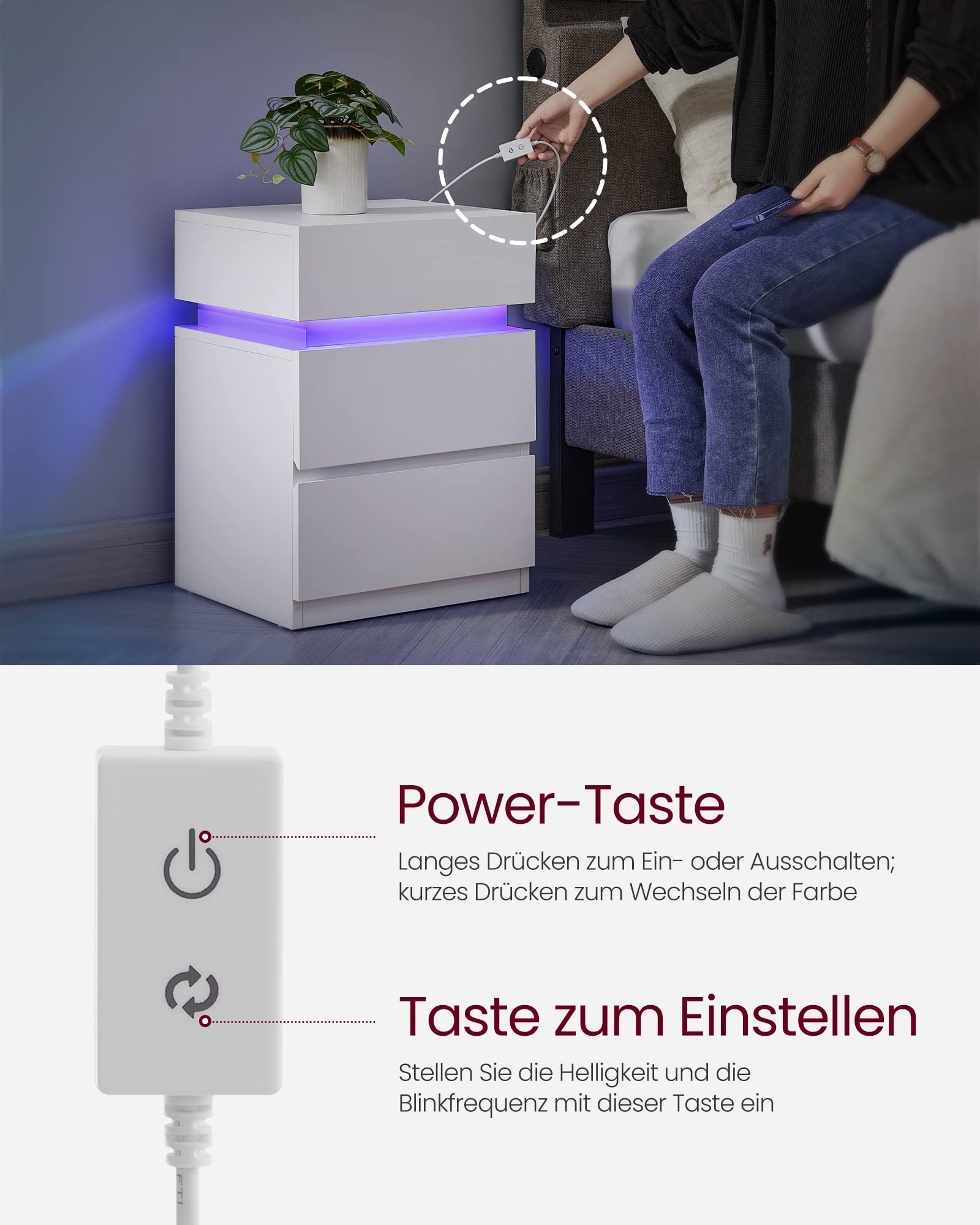 VASAGLE Kailyn Kollektion - Nachttisch, 2er Set, Beistelltisch mit Steckdosen, Schiebedeckel, 3 Schubladen, LED-Beleuchtung, Kleiner Tisch, modern, 40 x 35 x 55 cm, wolkenweiß LET0830W01