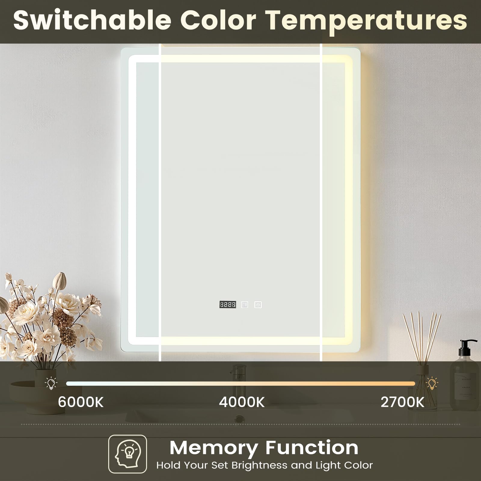 Miroir de Salle de Bain avec Éclairage 60 x 80 cm, LED avec 3 Couleurs de lumière à intensité Variable, Désembuage, Miroir Lumieux Mural Dimmable pour Coiffeuse, Chambre