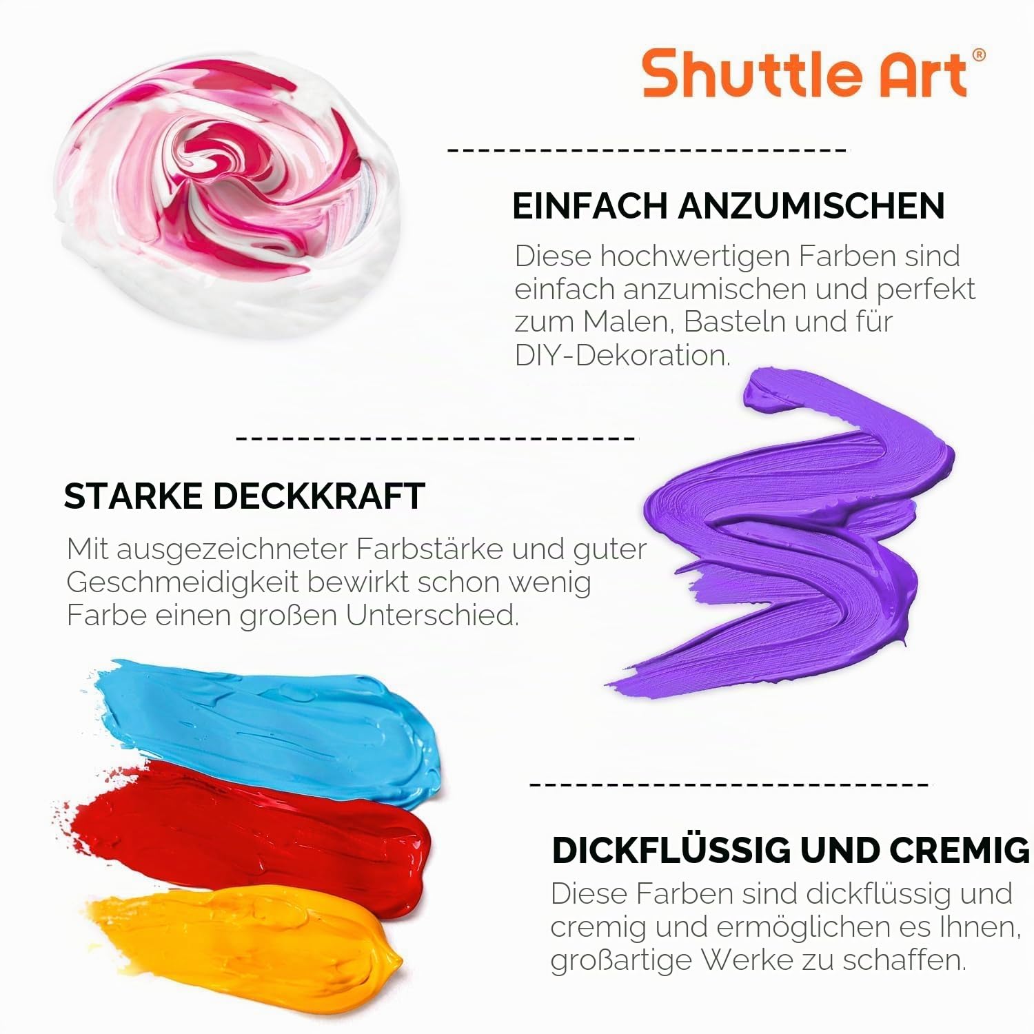 Shuttle Art Acrylfarben Set, 18 Acrylfarben in Flaschen (je 250ml, 8,45oz), hochpigmentierte Acrylfarbe, Premiume Acrylfarbe für Künstler, Anfänger und Erwachsene auf Steine, Leinwand, Holz geeignet