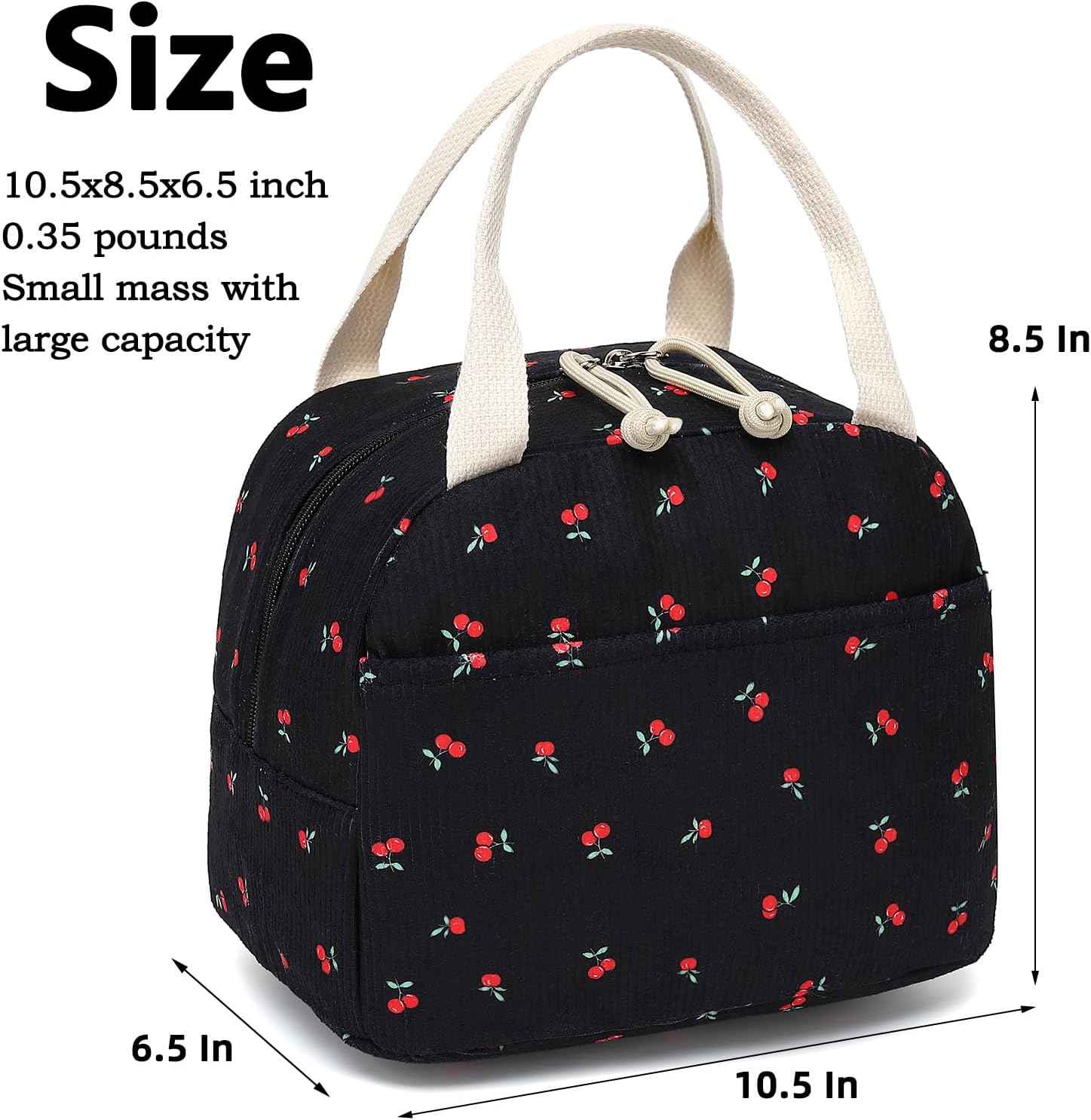 Corduroy Lunch Box for Women Girls, Lunch Tote Bags Reusable Insulated Cooler Lunchbag Large Capacity Lunchbox for School Work Travel Picnic (Cherry Black) - Image 2