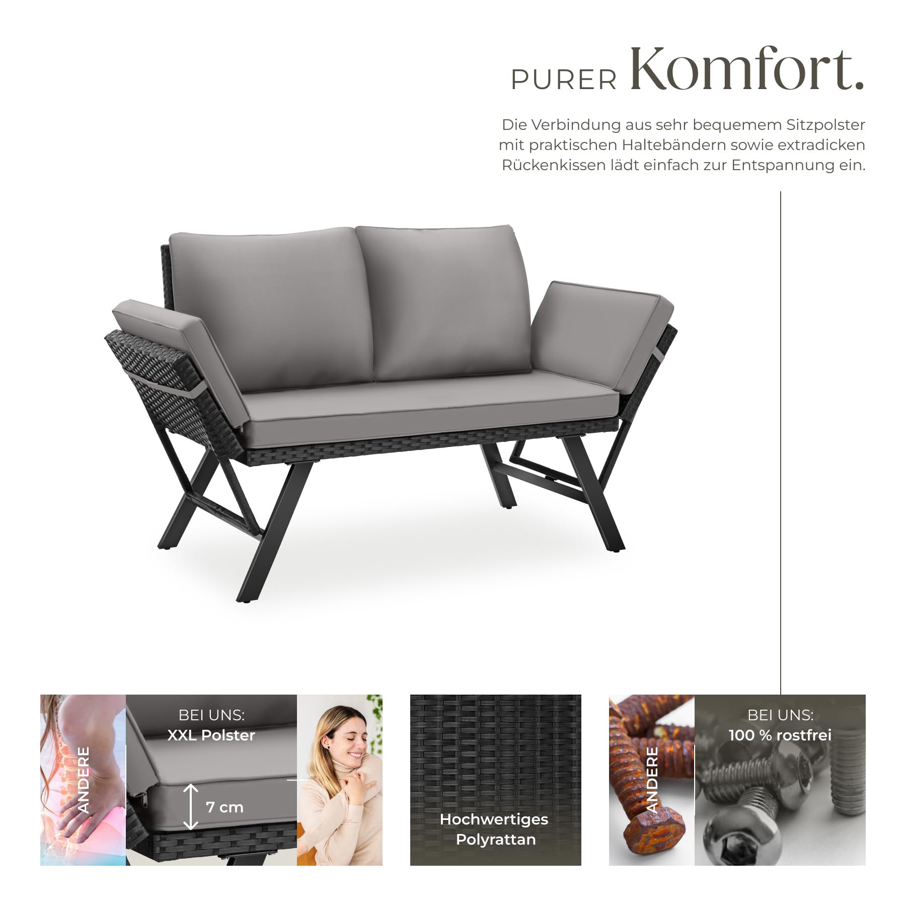 tectake® Rattan Loungesofa und Sonnenliege, Gartenmöbel, Lounge Möbel Outdoor, Sitzbank Schlaffunktion, Couch klappbarer Armlehne, Balkonmöbel, Gartenbank, Sofa, Balkon Möbel - hellgrau/schwarz