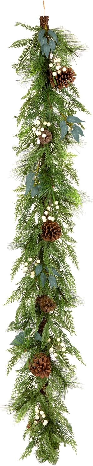 national tree company artificial christmas garland, green, inspired by nature, white berries, pinecones, cypress tips, 6 feet