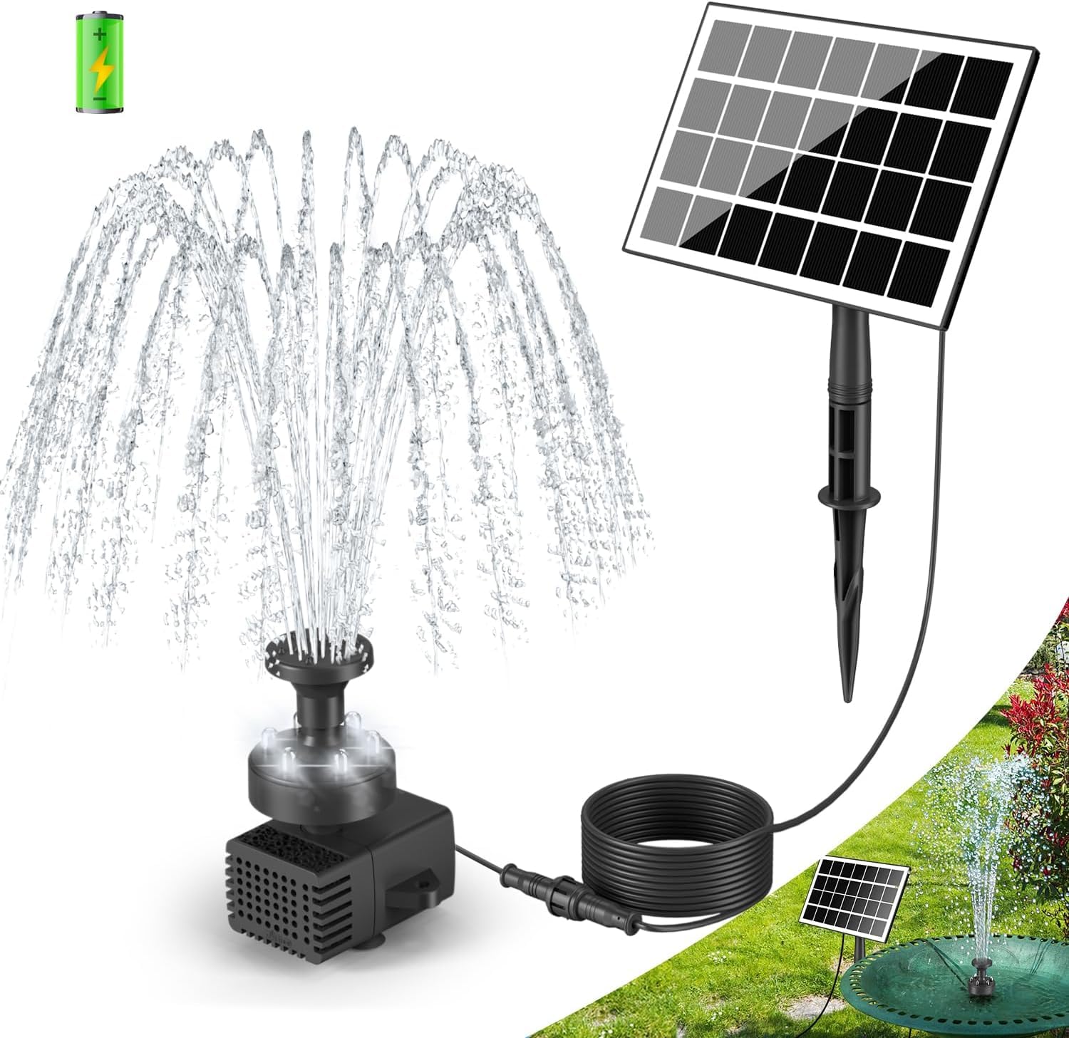SZMP Solar Fountain Kit White Lights, 3.5W Solar Water Pump with 2000mAH Battery, Solar Bird Bath Fountain with Sucker and Stake for Garden, Outdoor, Water Feature - 16.4ft Power Cord, 7 Nozzles