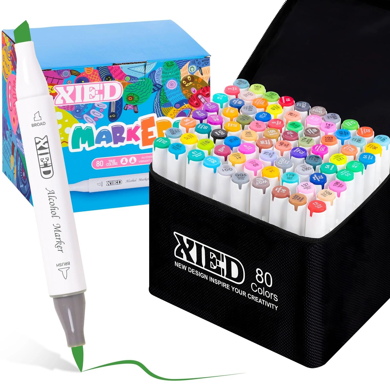 XIEED Dual Tip Alcohol Markers Set, 80 Colors Chisel & Brush Tip Alcohol-Based Art Markers for Adults & Artists in Coloring & Drawing