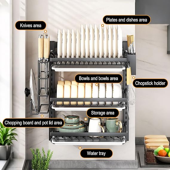 Wall Mounted Dish Drying Rack,Large Dish Drying Rack Dishes,Multi-Level Kitchen Organizer with Drainboard & 4 Hooks White Double-Layer Model 15in Standard
