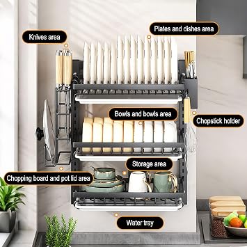 Wall Mounted Dish Drying Rack,Large Dish Drying Rack Dishes,Multi-Level Kitchen Organizer with Drainboard & 4 Hooks White Double-Layer Model 15in Standard