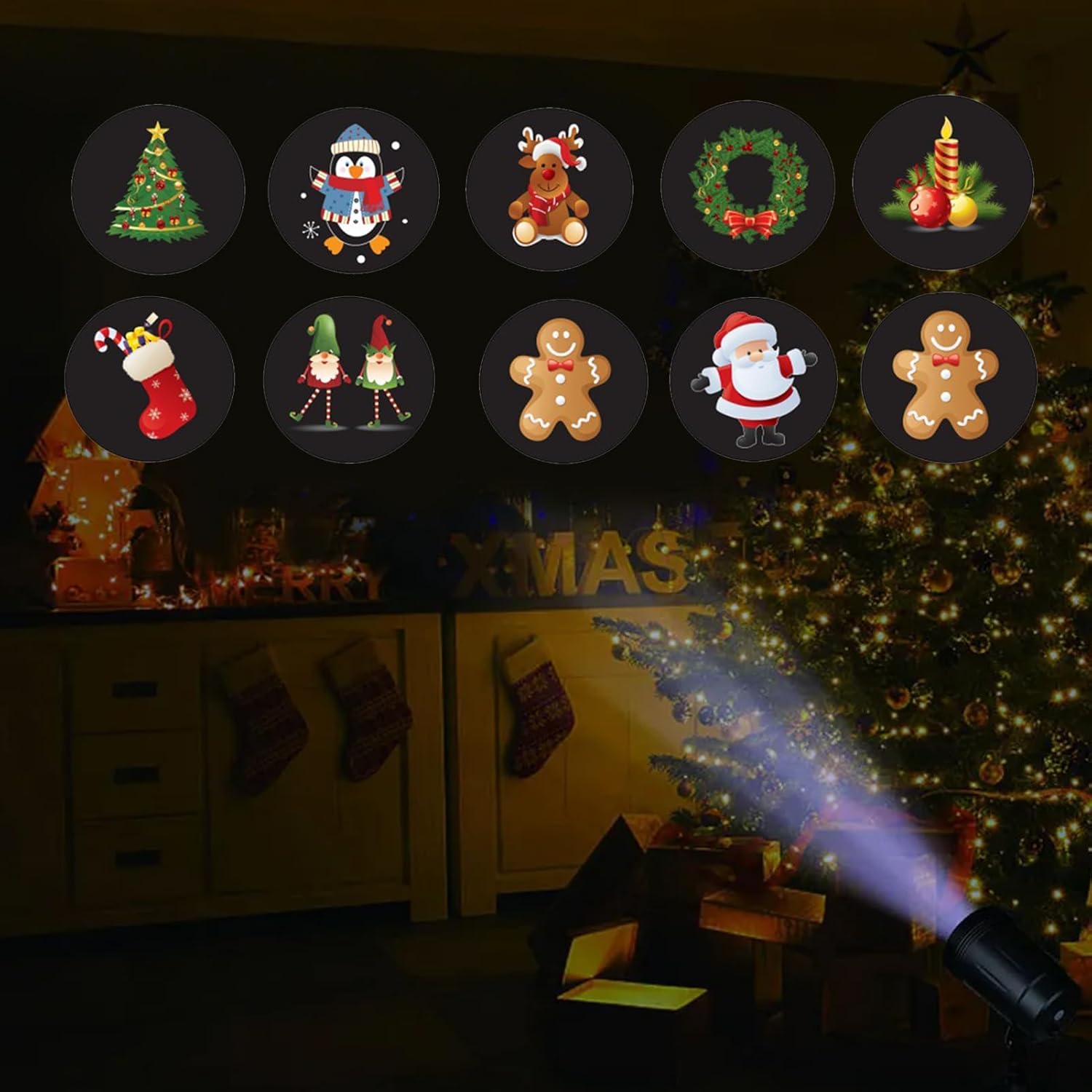 Christmas Projector Lights Outdoor - USB Waterproof Party Light Projection with 10-Pattern | Lights | Holiday Lamp for Garden, Home, Parties & Thanksgiving Decorations | 5V 3W ABS Light