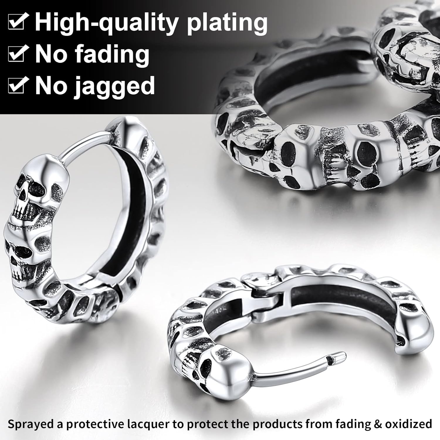 ChainsHouse Gothic Skull Hoop Earrings for Men, Surgical Stainless Steel Huggie/Stud Skeleton Earrings Retro Punk Jewelry for Men Women
